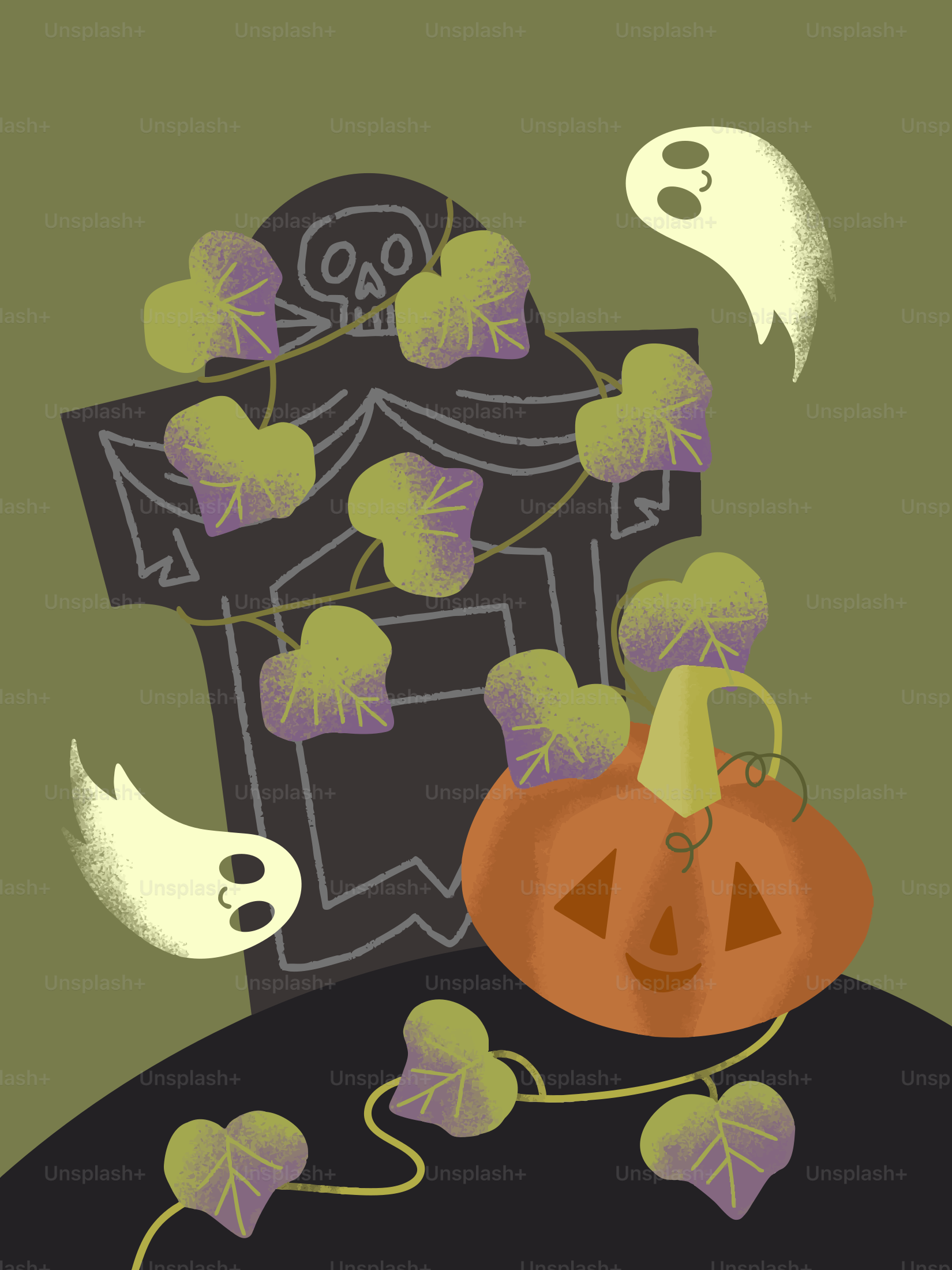 Halloween pumpkin and ghosts near a tombstone