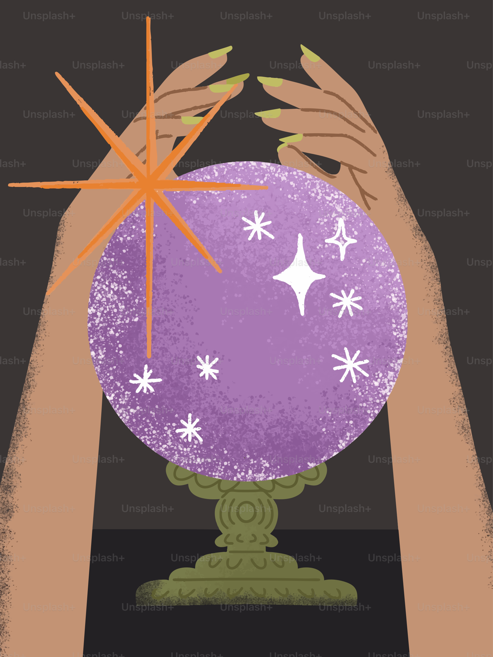 Mani che tenevano una sfera di cristallo viola luminosa con stelle.