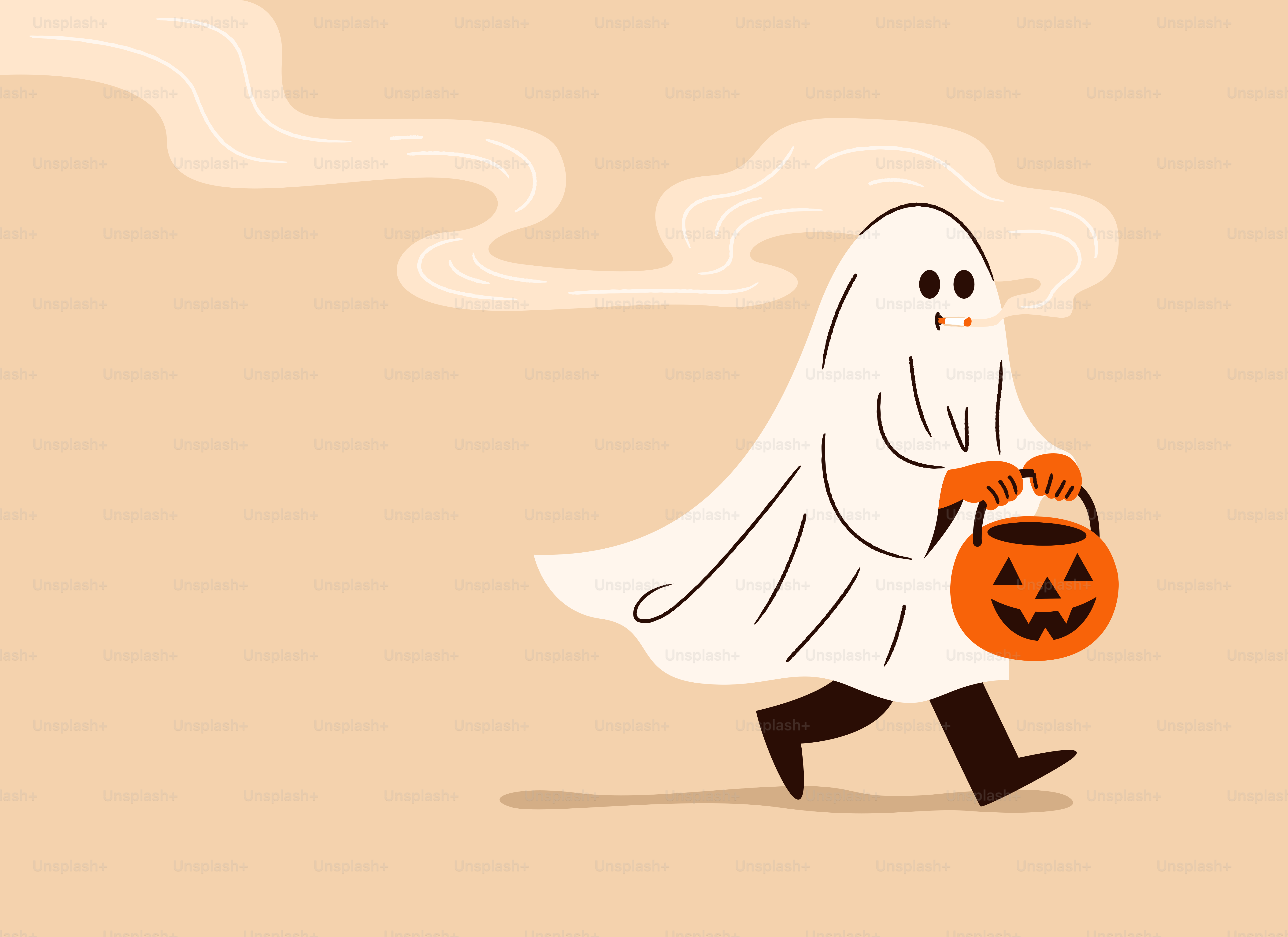 Una persona disfrazada de fantasma sosteniendo un cubo de calabaza