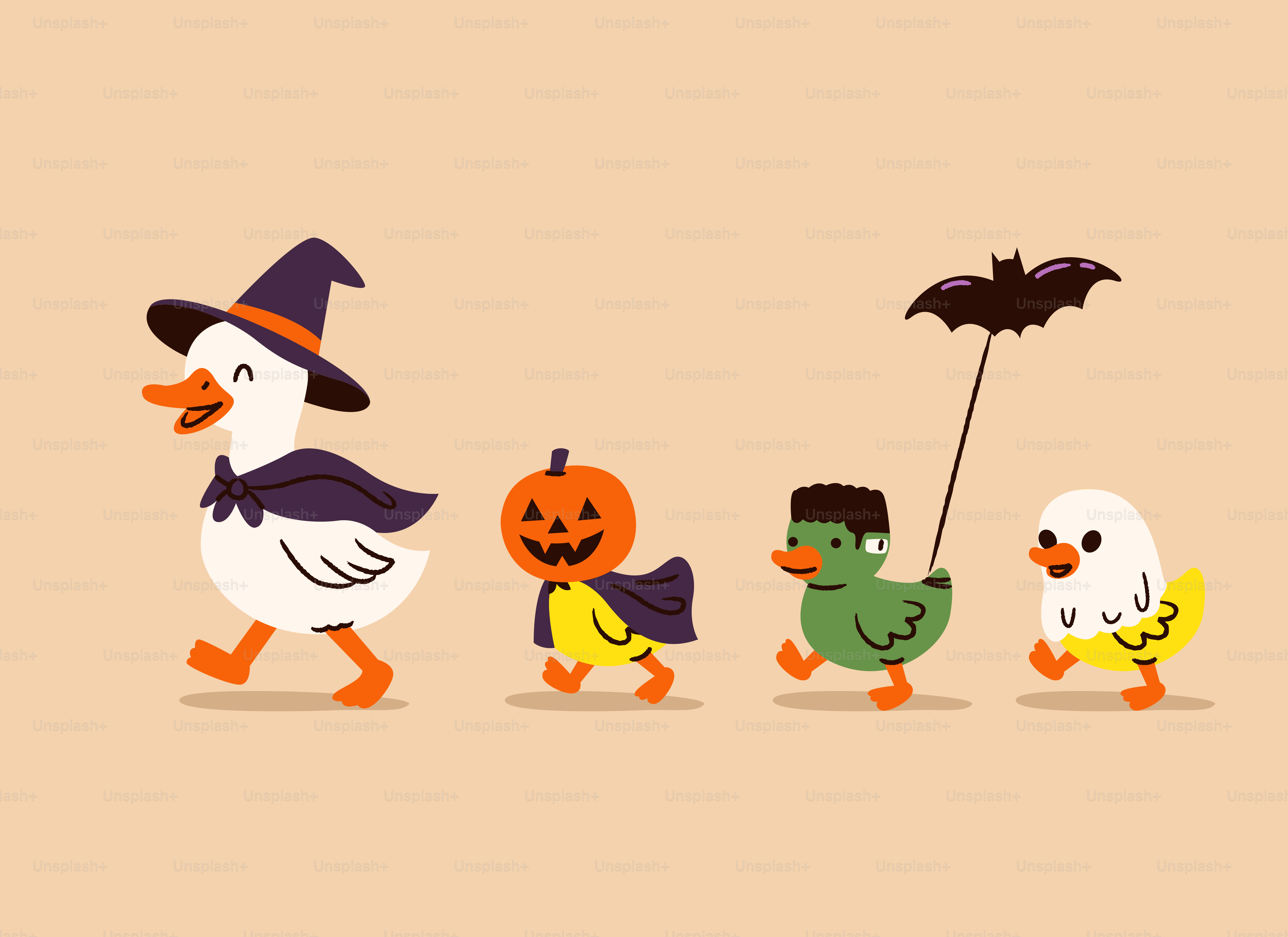 Ducks in halloween costumes walking in a line.