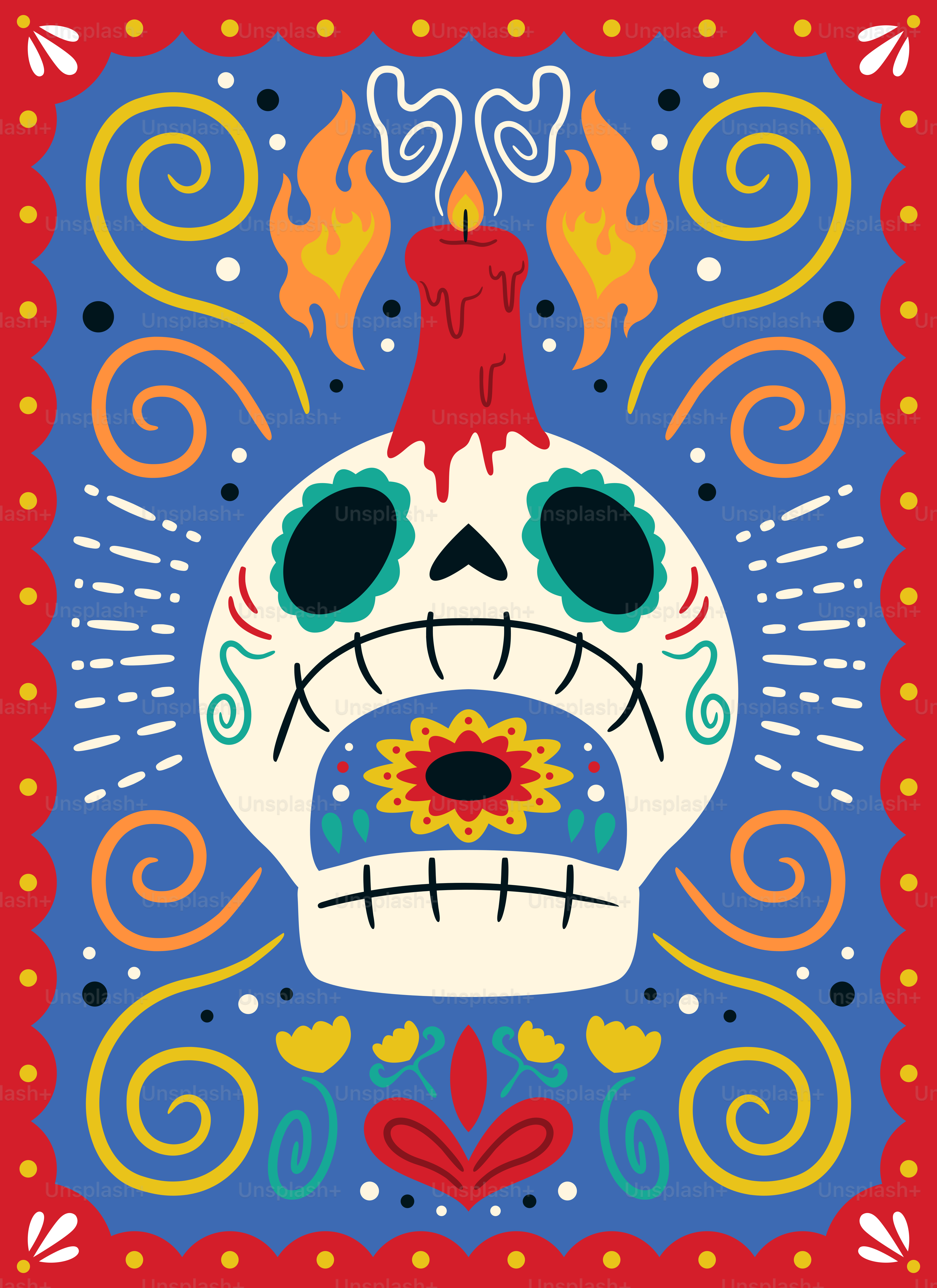 Colorful day of the dead skull with candle and flames.