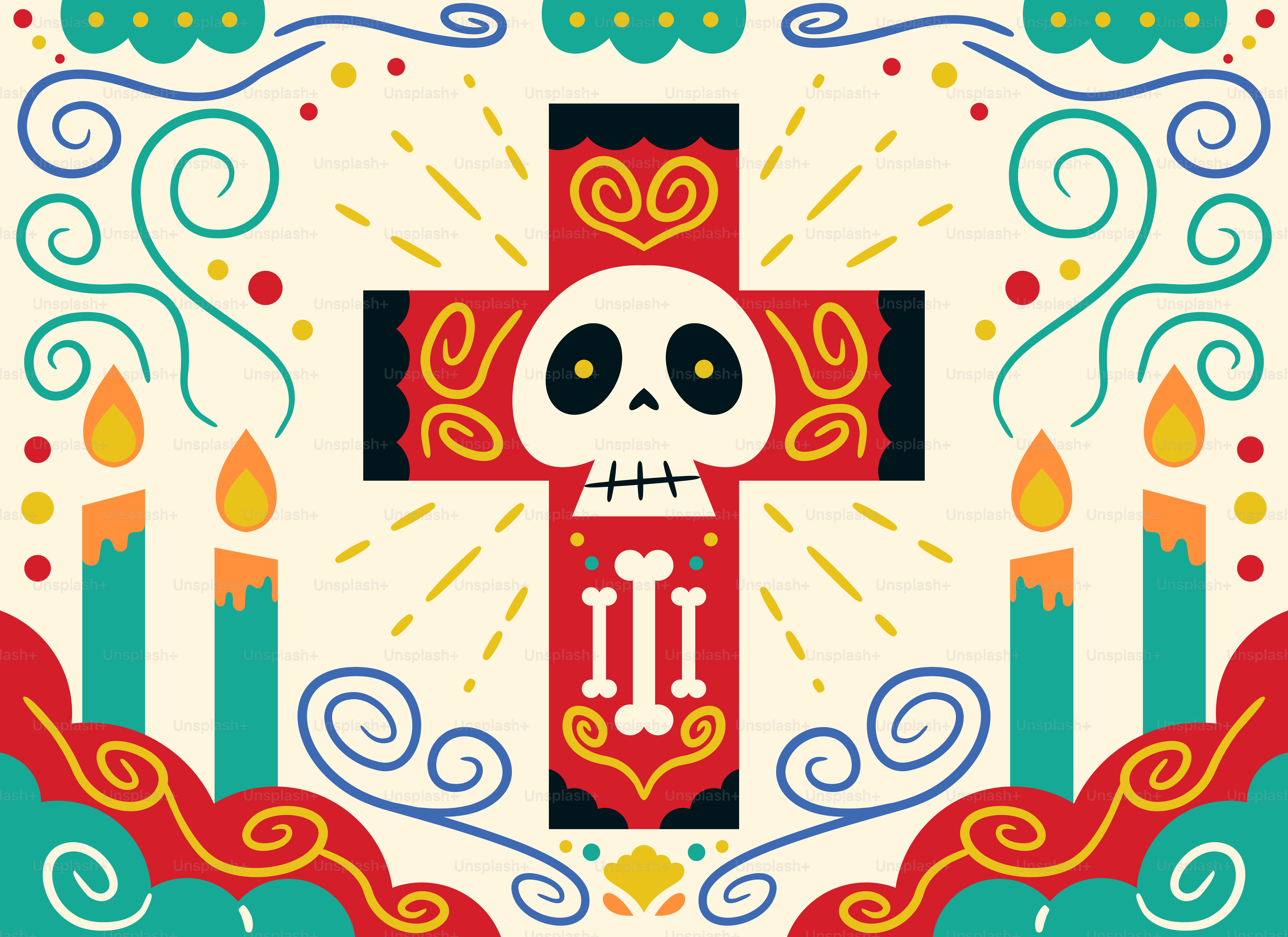 Day of the dead cross with skull and candles.