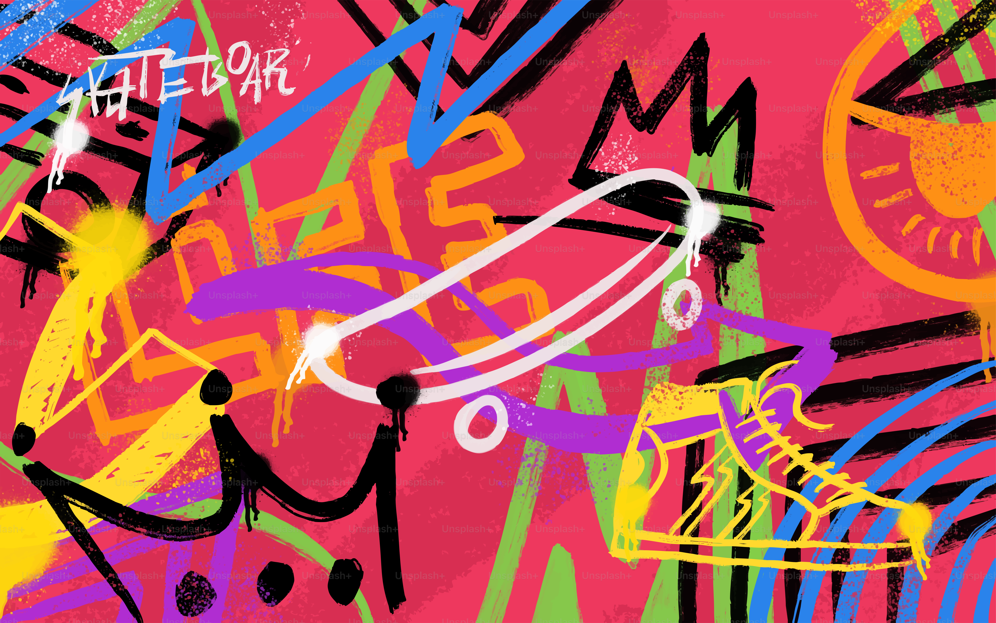 Graffiti-Kunst mit Skateboard- und Sneaker-Elementen.