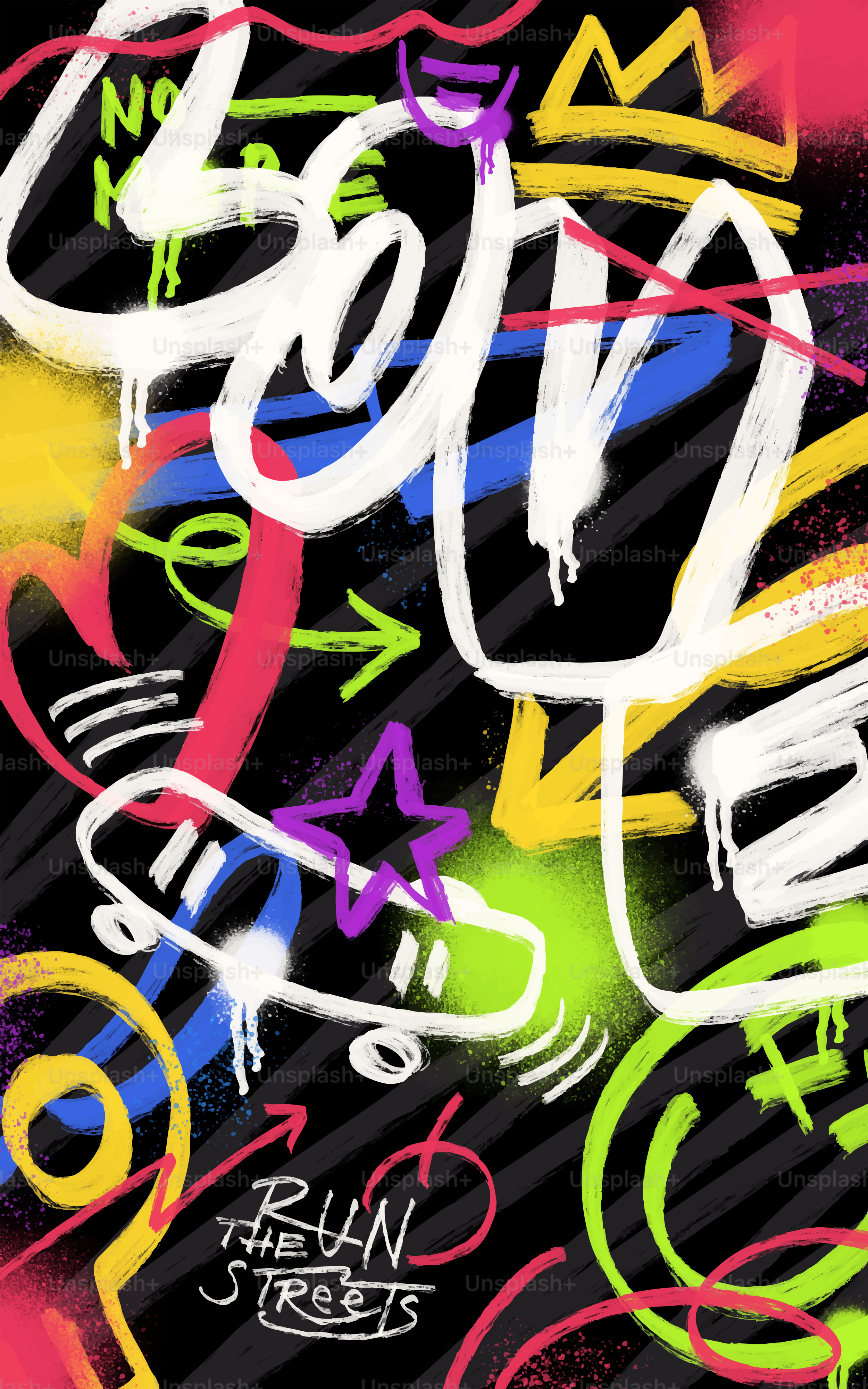 Graffiti-Kunst mit Skateboard und "run the street"-Text