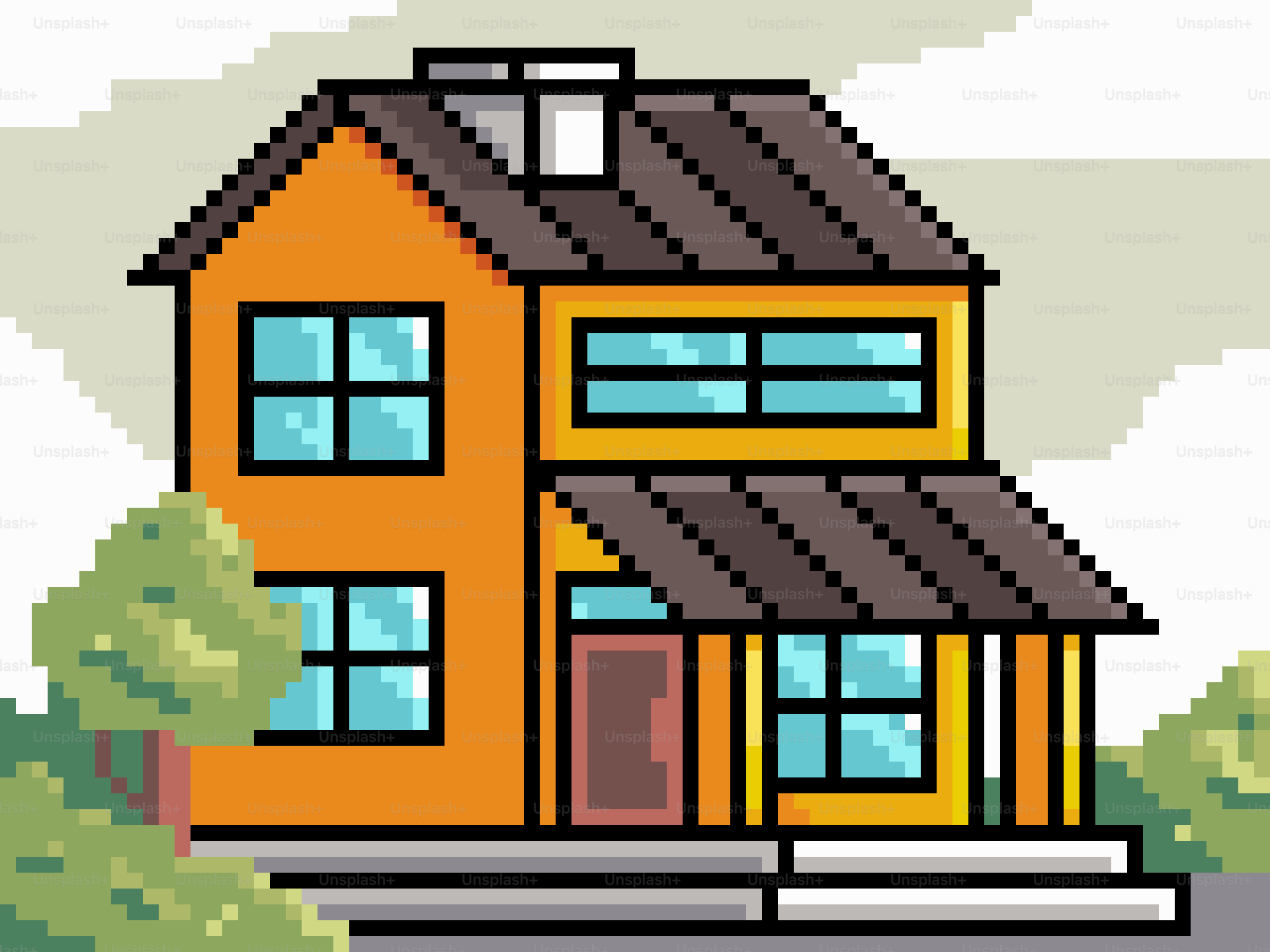 Pixel art of a two-story orange house.
