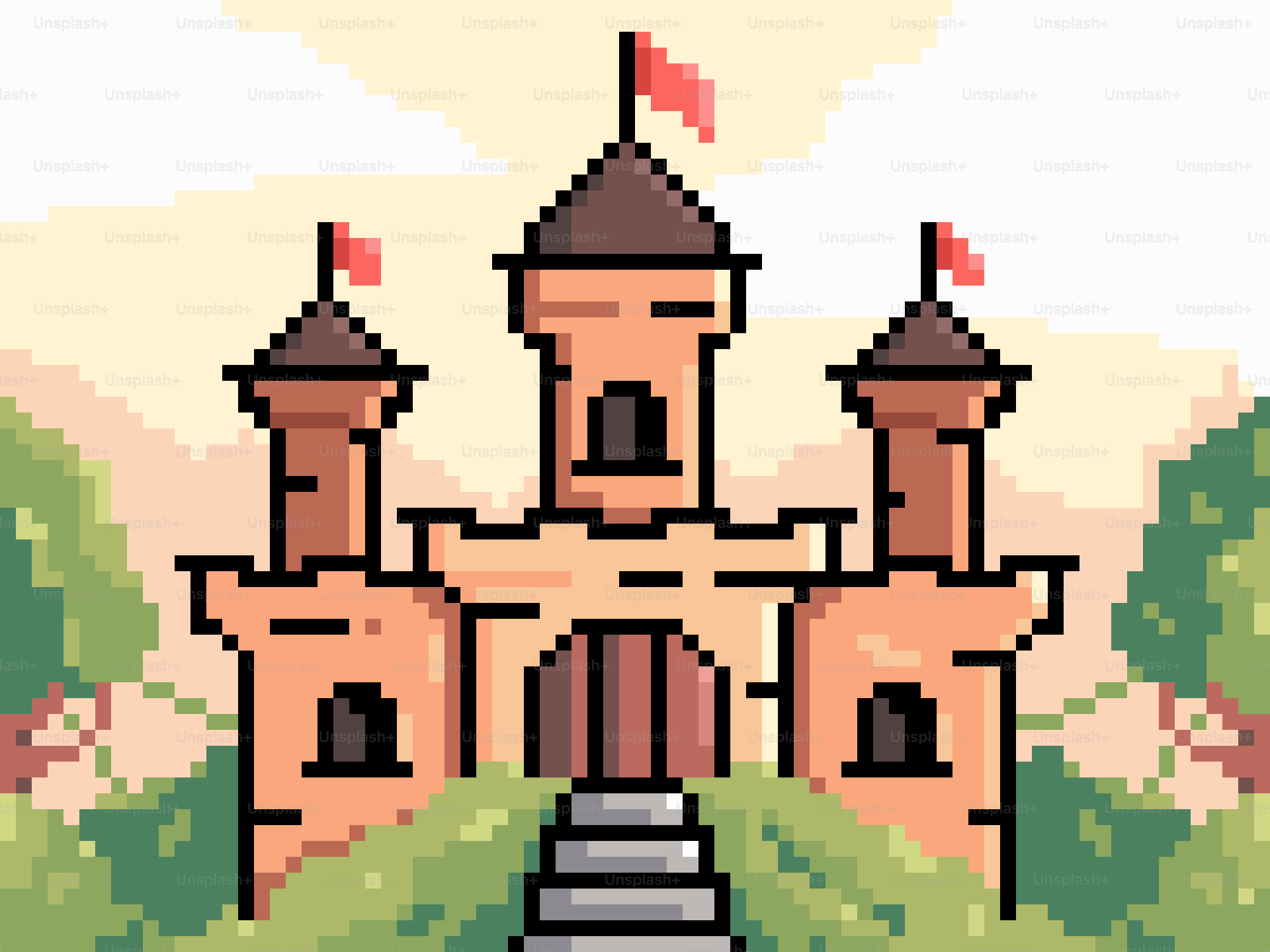 Pixel art castle with flags on towers
