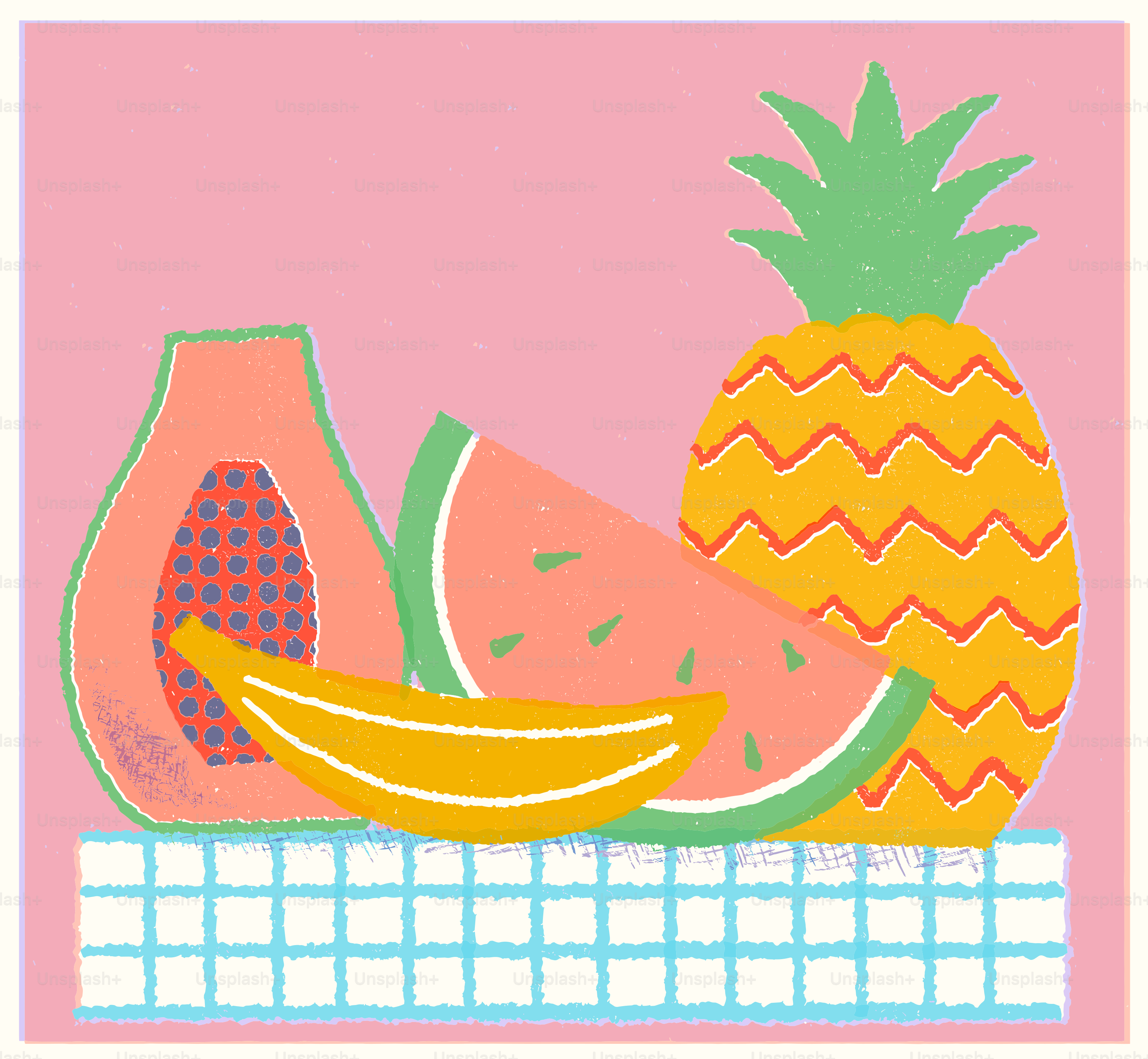 Assortment of tropical fruits on a checkered surface