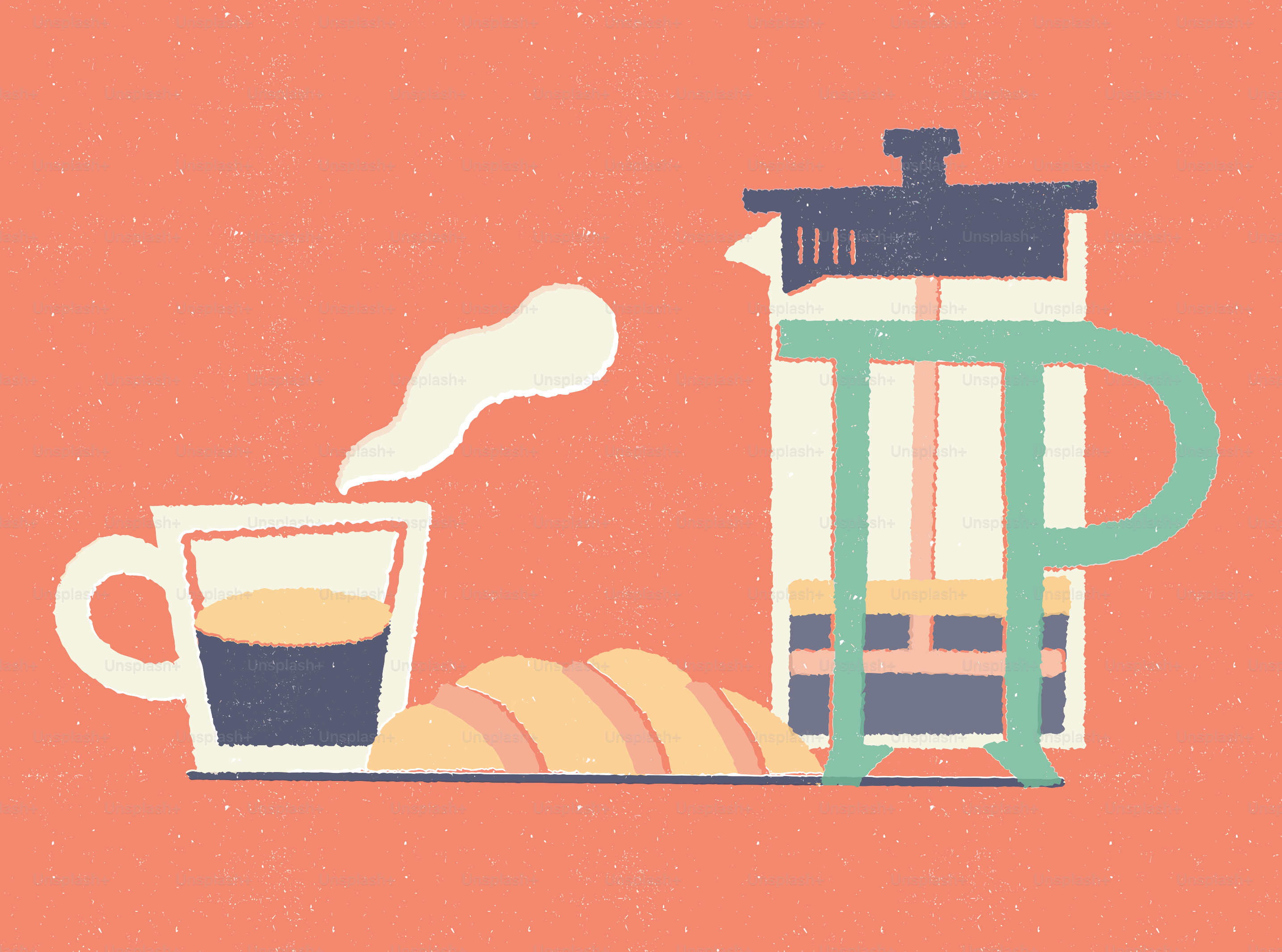 Steaming coffee, croissant, and french press on table.