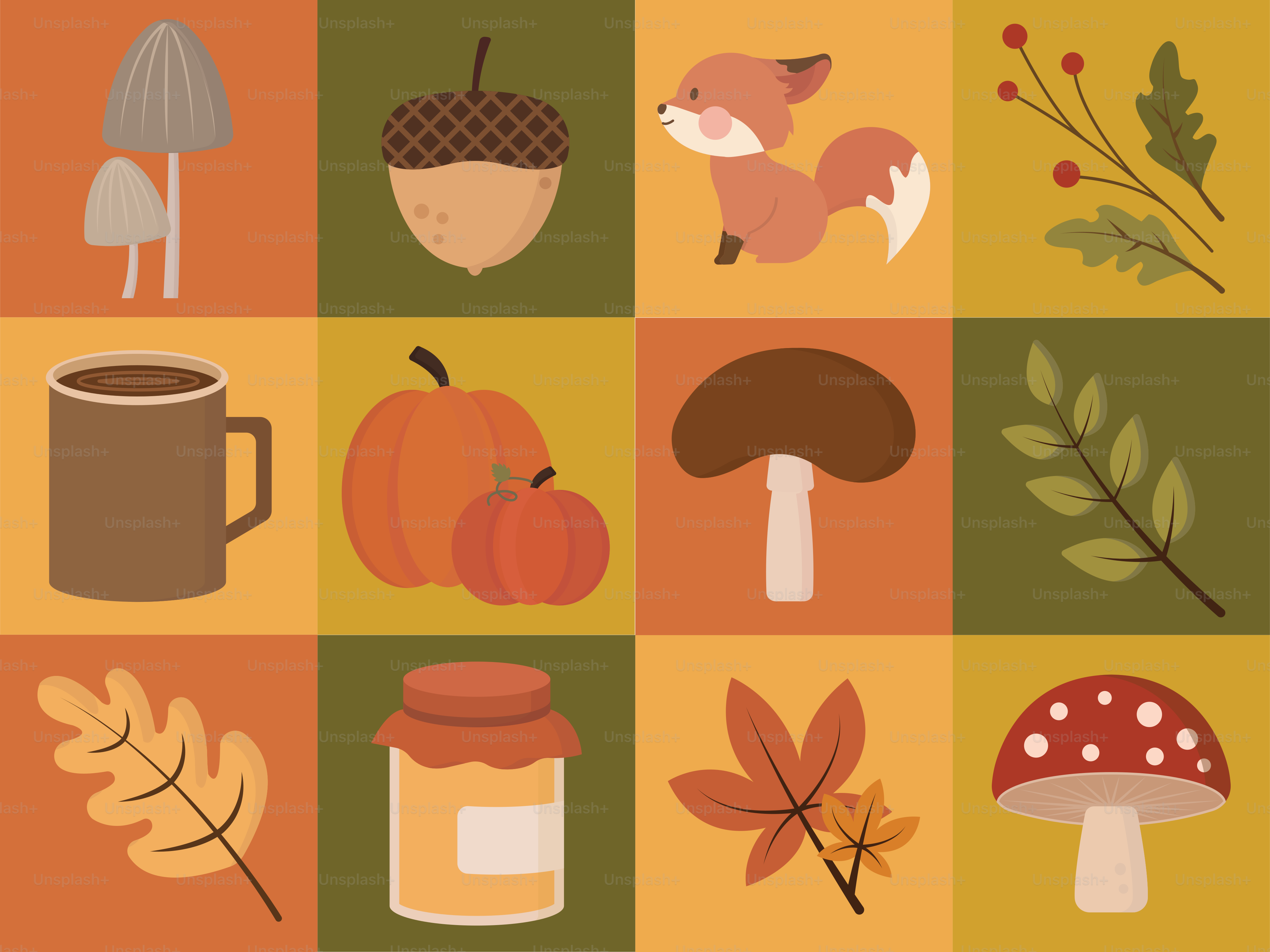 Elementos otoñales como un zorro, setas y hojas