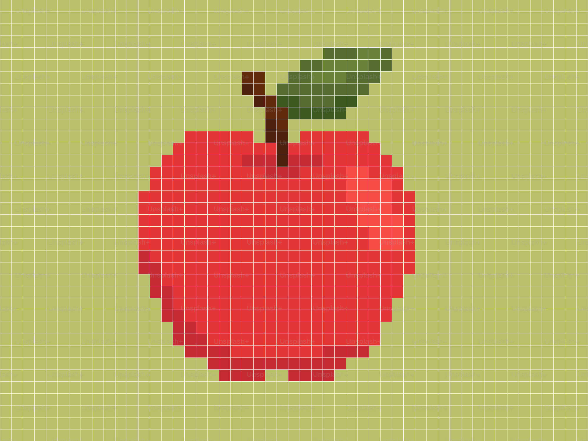 Pixelated red apple with a green leaf.