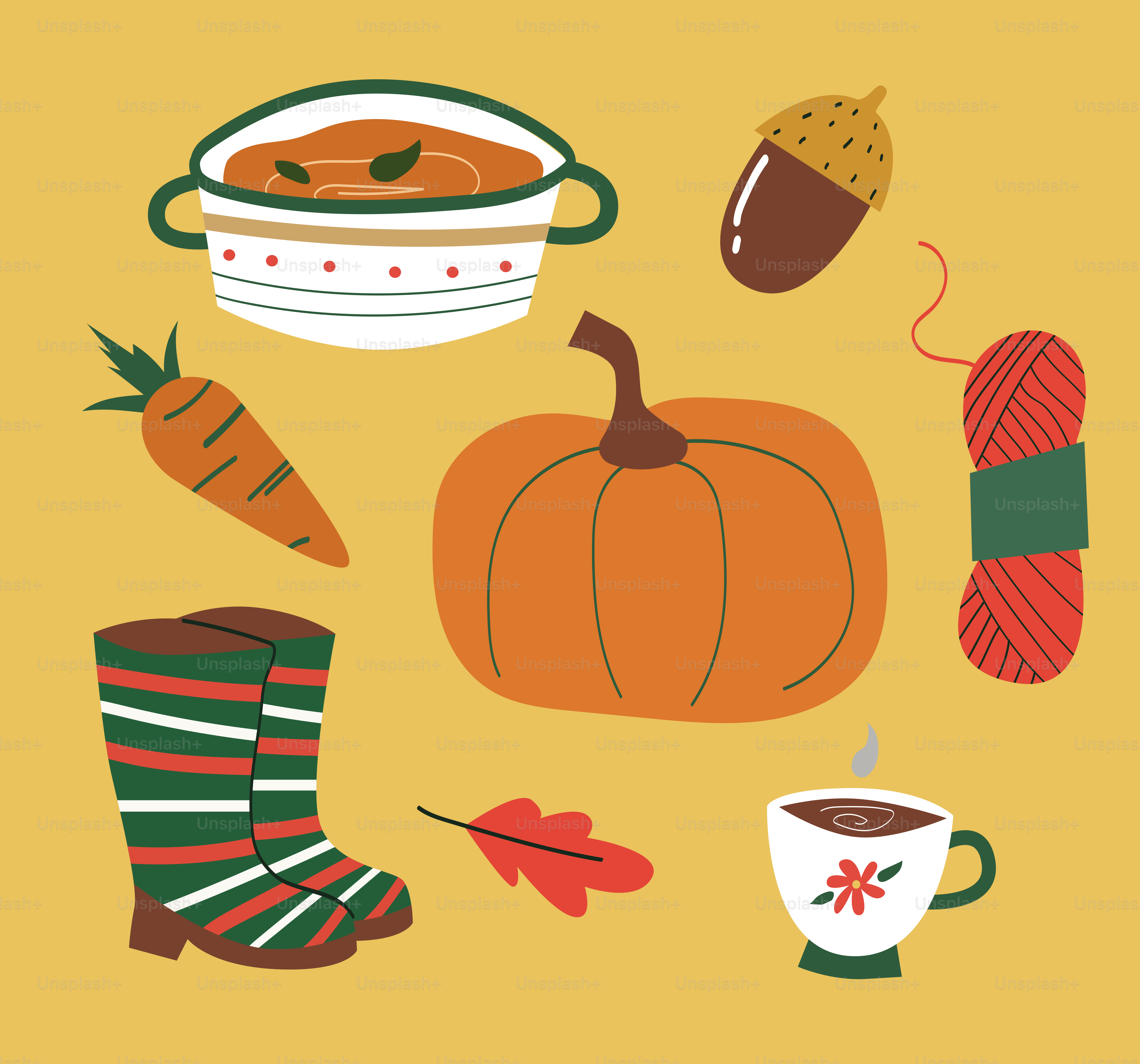 Autumn harvest and cozy items on yellow background