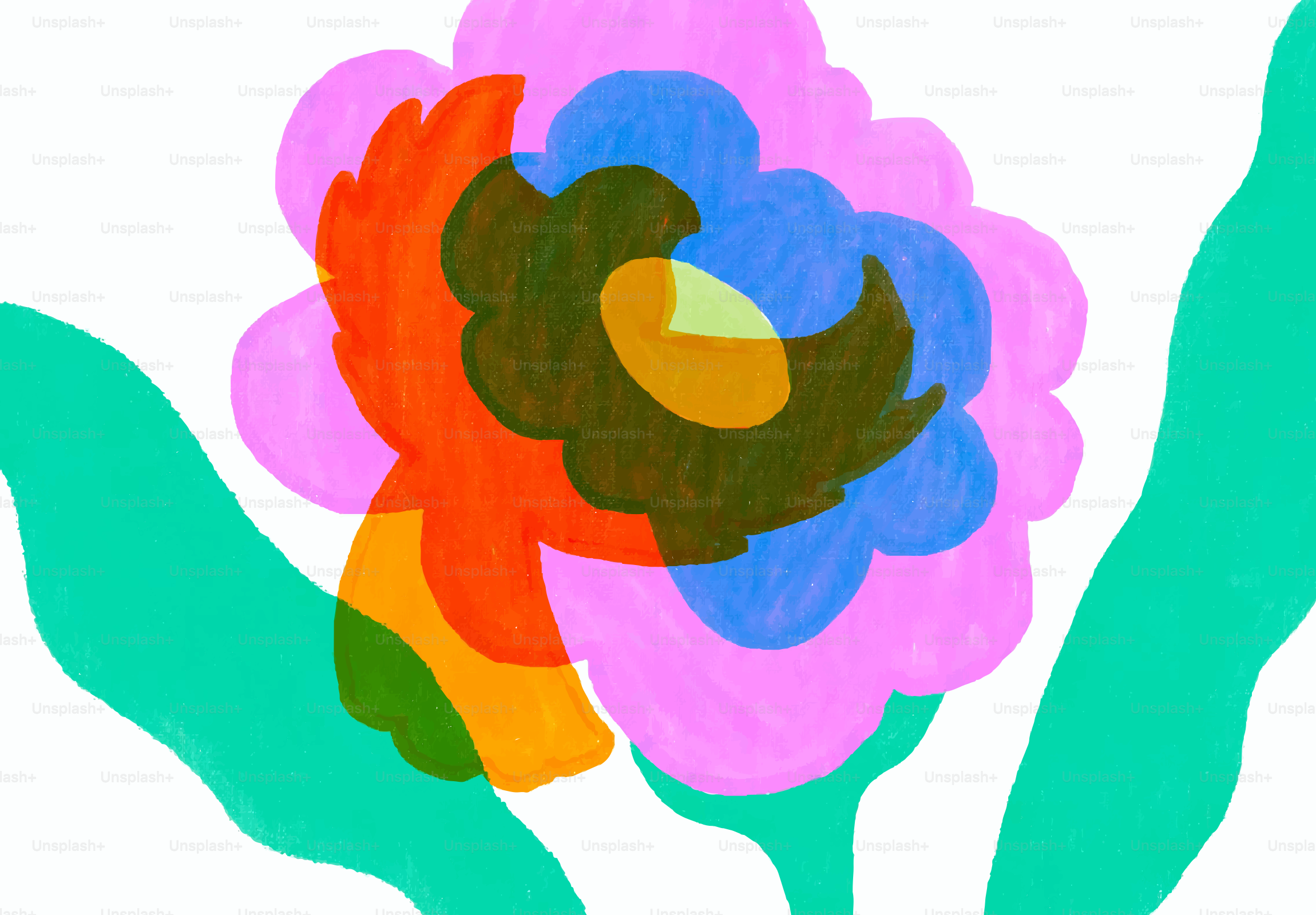 Abstract layered flower with green leaves