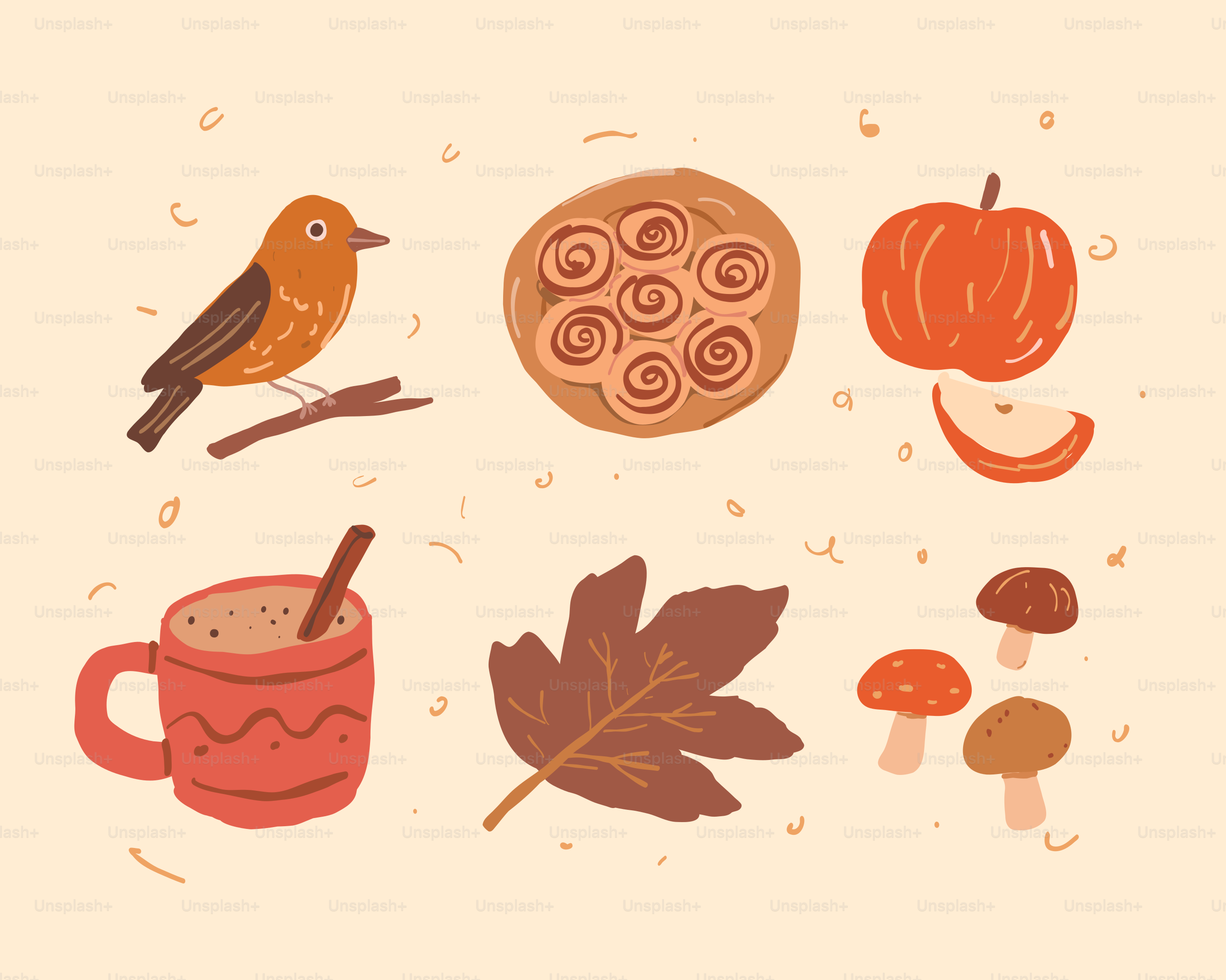 Autumn elements including a bird, cinnamon roll, and apple.