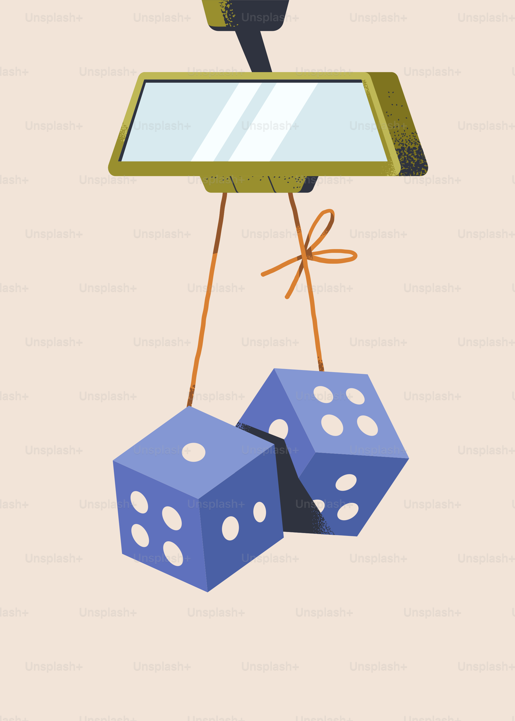 Blaue Würfel, die am Rückspiegel eines Autos hängen.