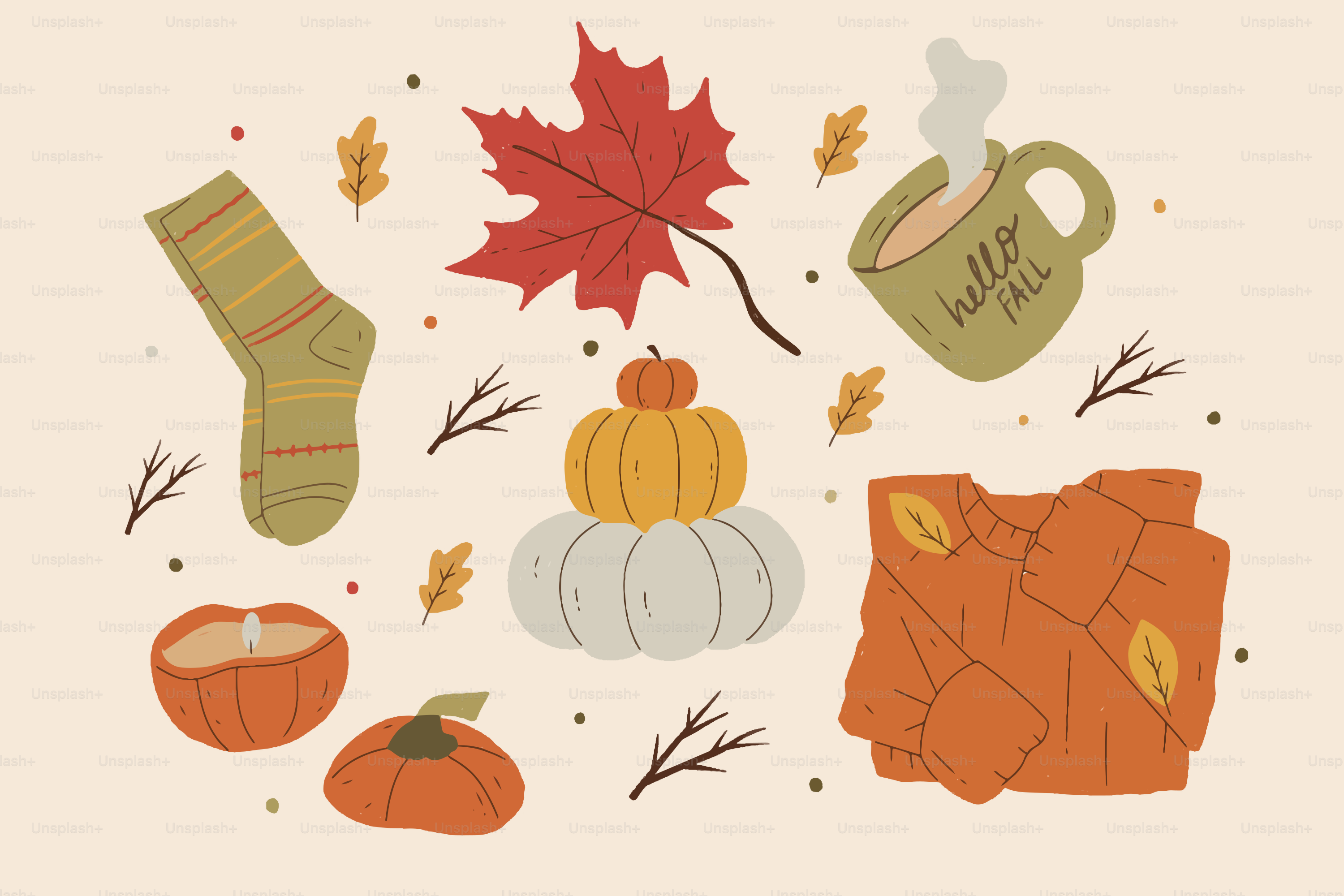 Cozy autumn elements including pumpkins, leaves, and a mug.