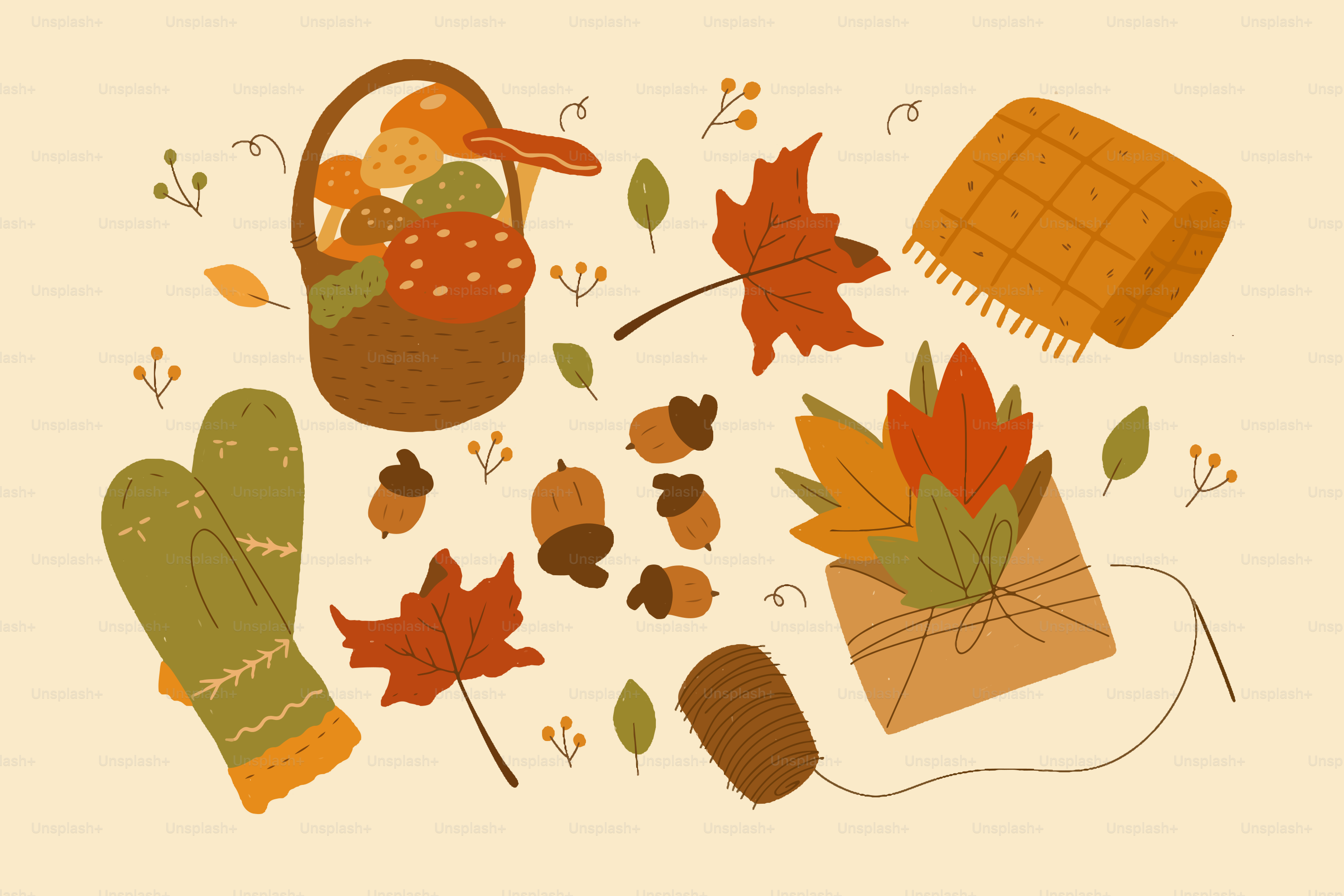 Autumn elements including leaves, acorns, and mittens