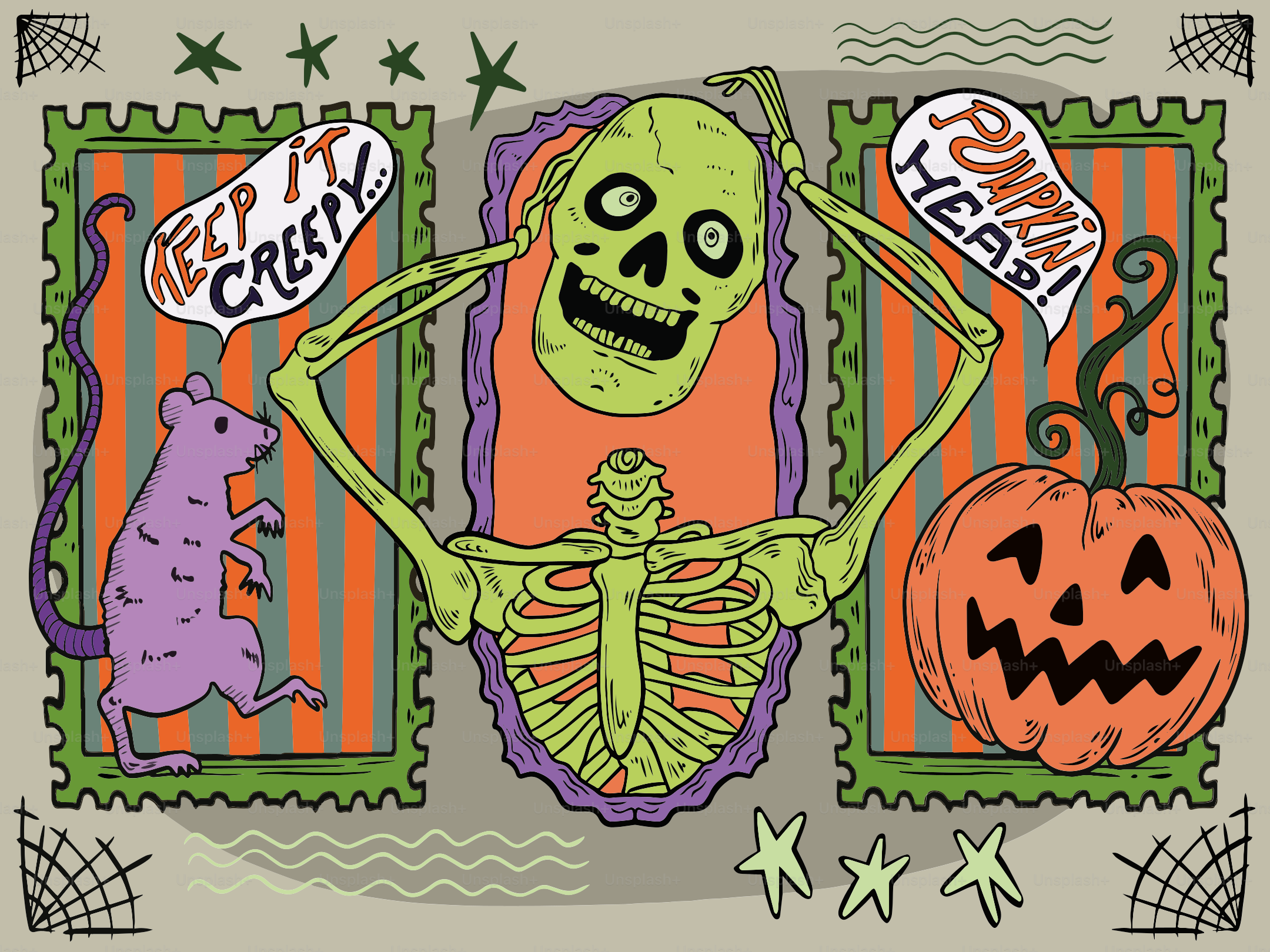 Skeleton with pumpkin and rat for halloween