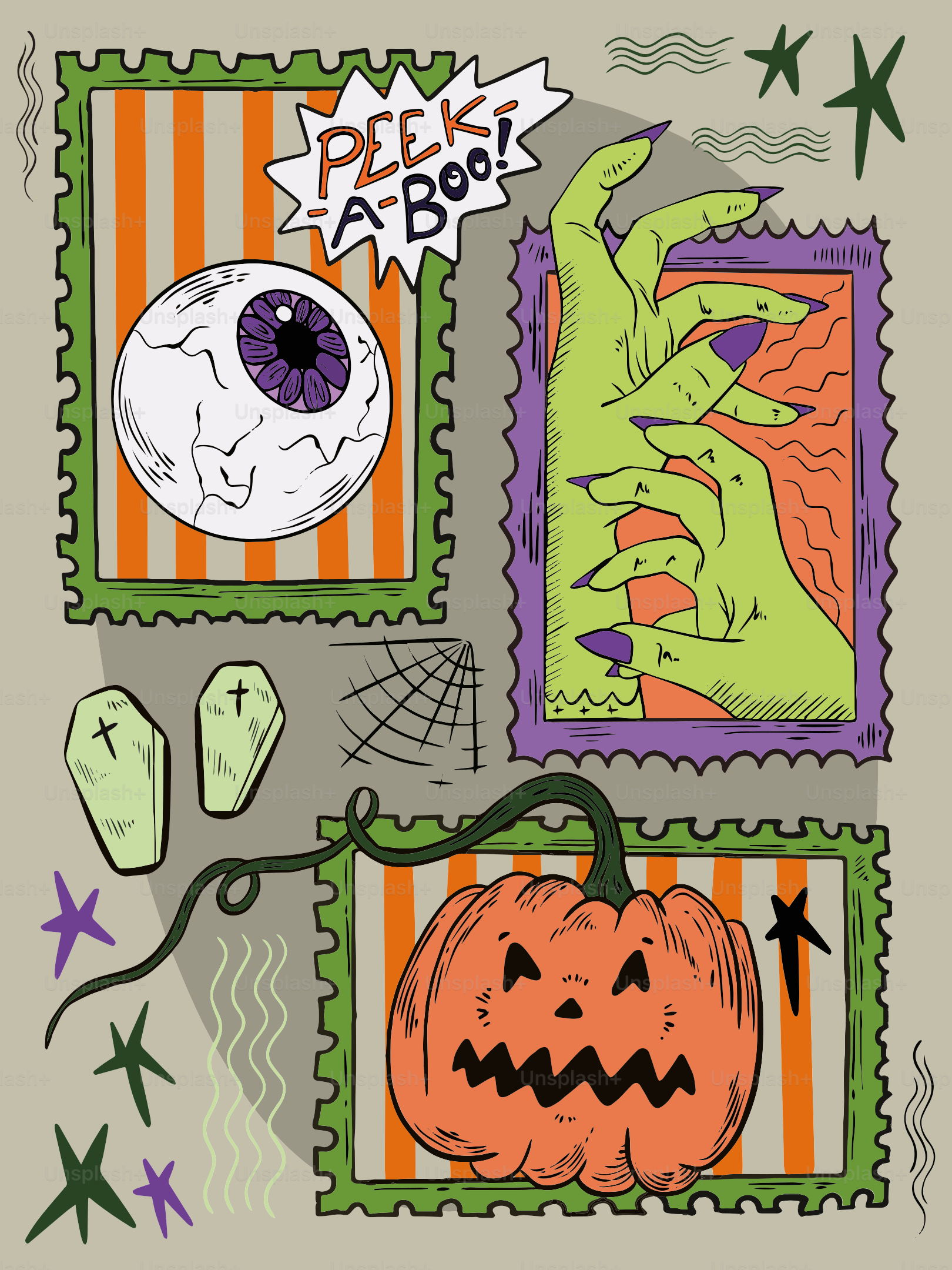 Timbri di Halloween con bulbo oculare, mano di zombie e zucca.