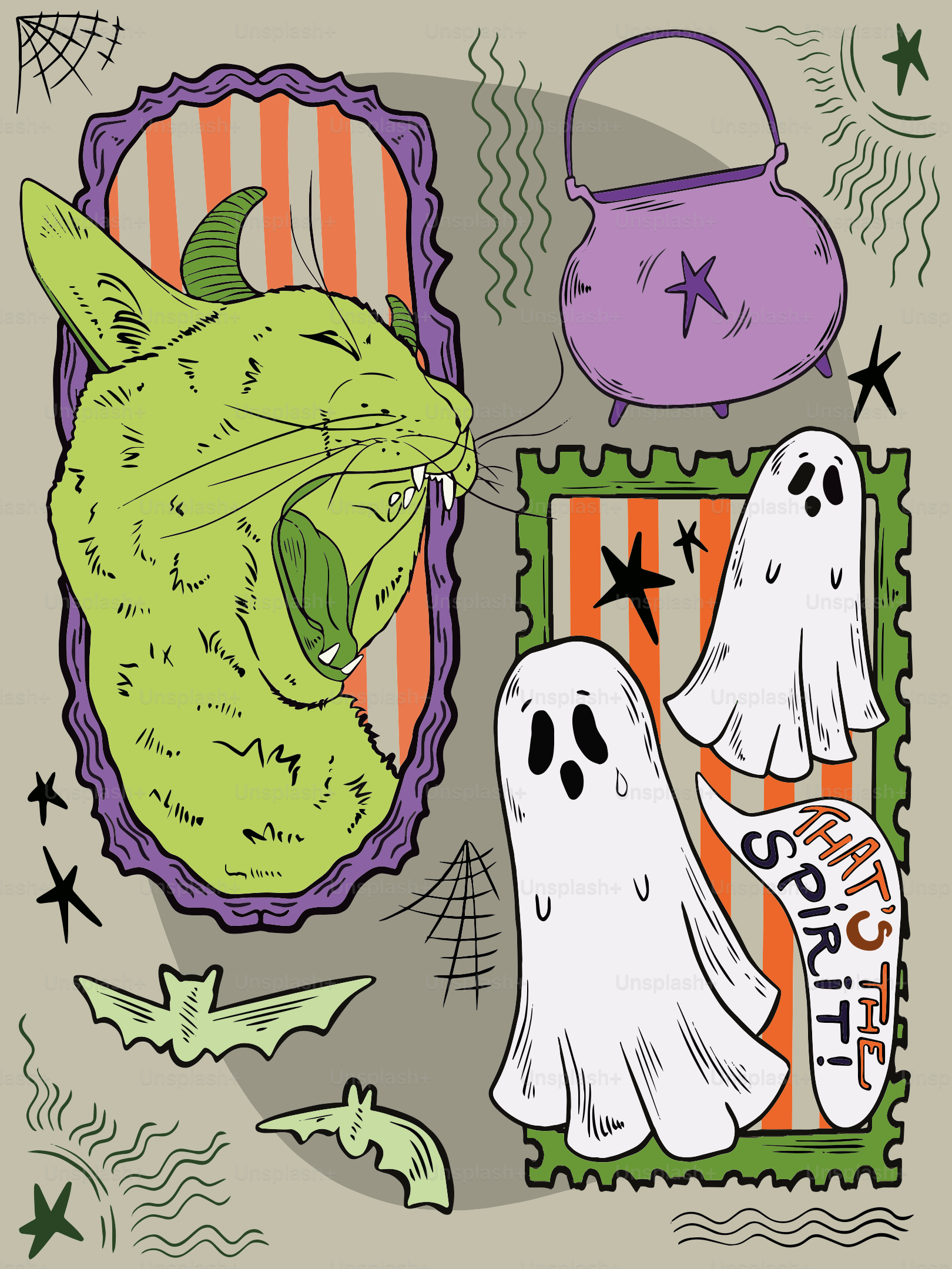 Halloween illustration with cat, ghosts, and bats