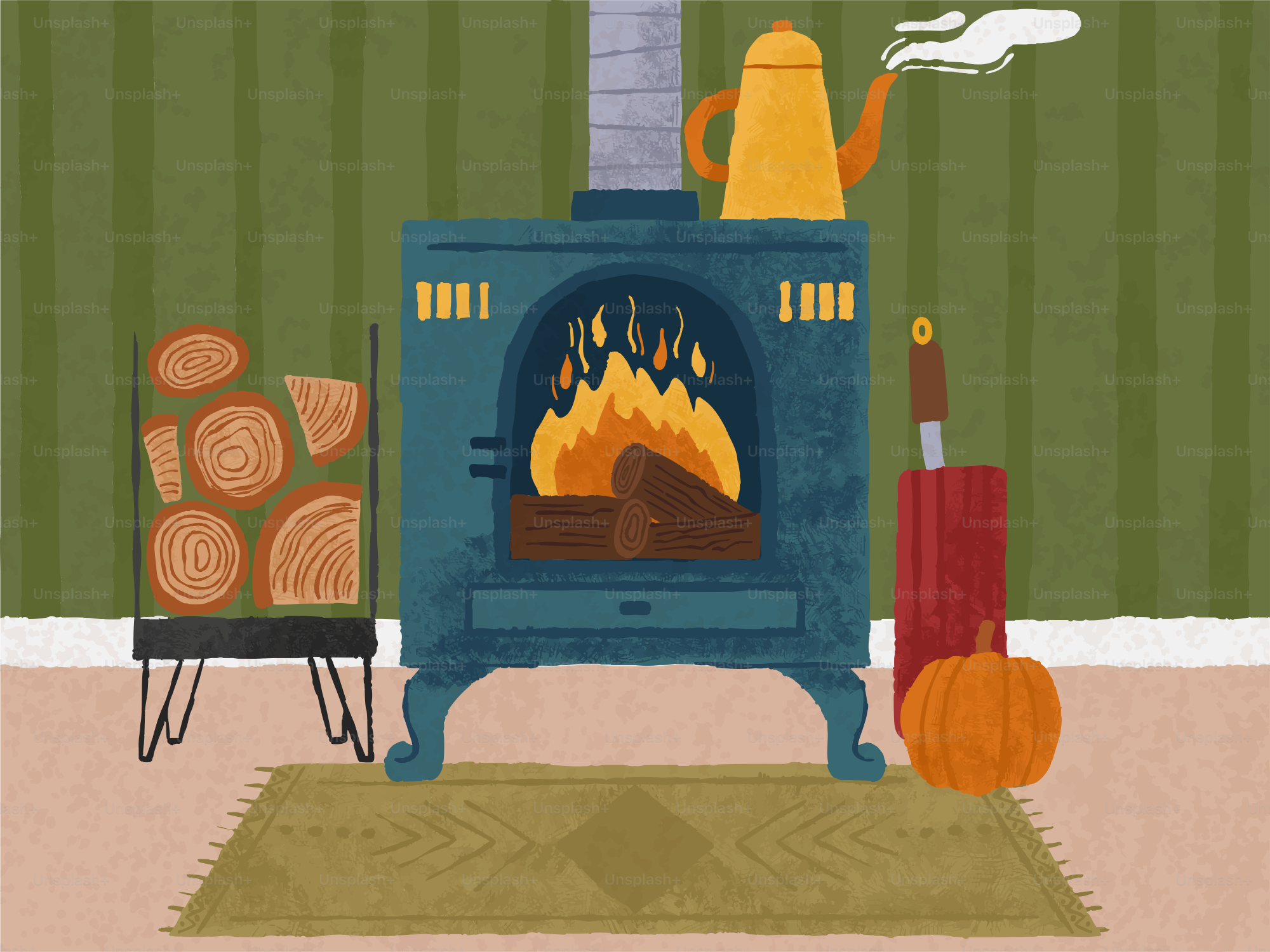 Cozy fireplace with wood and pumpkin