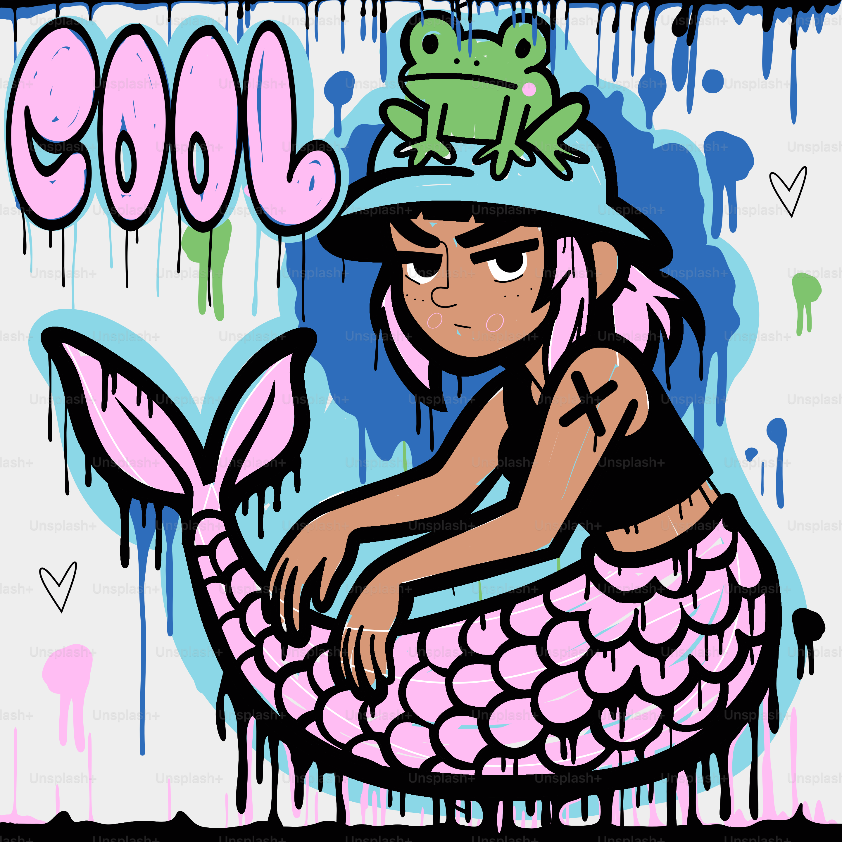 Cartoon mermaid with pink tail and frog hat