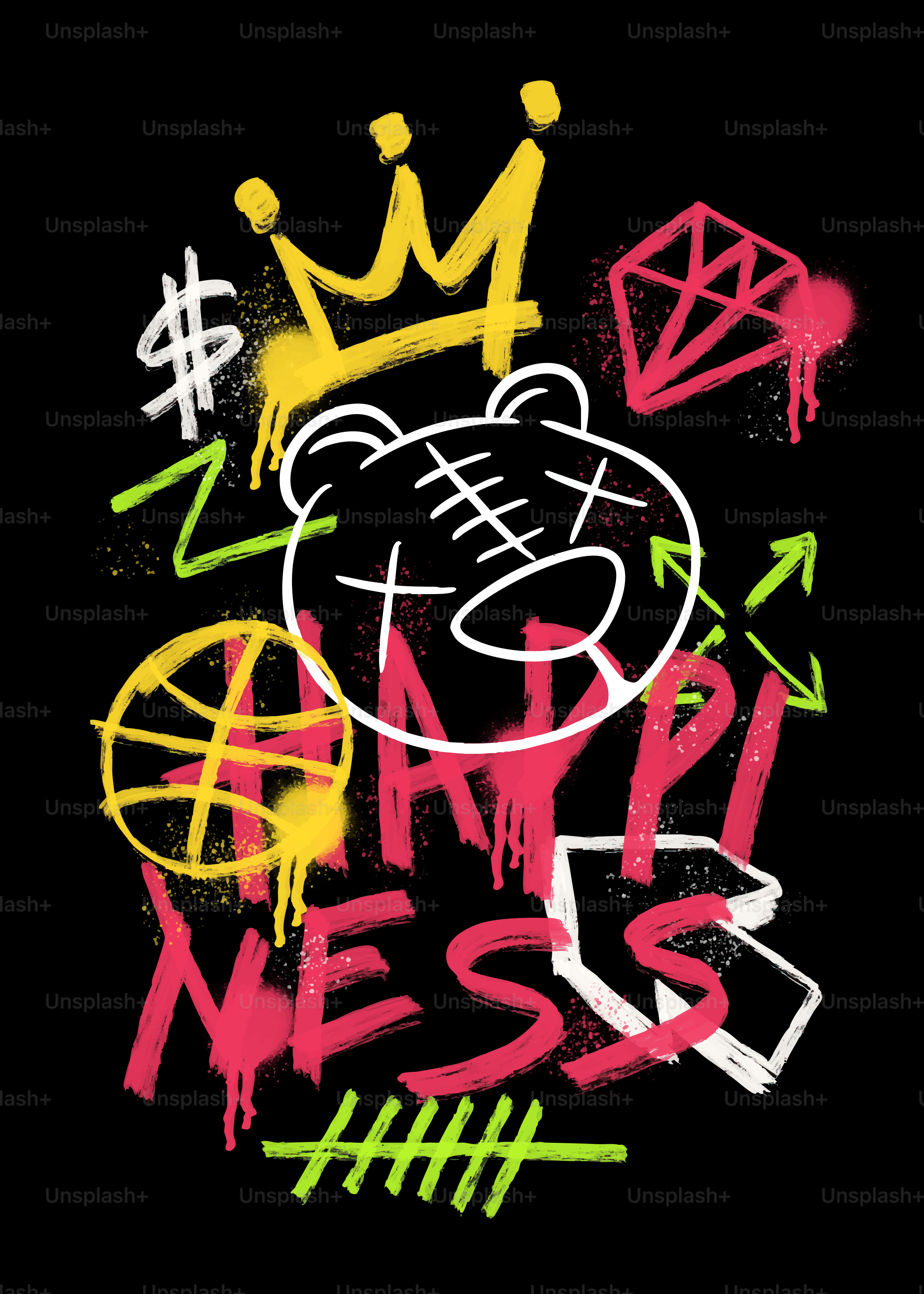 Graffiti art with bear, crown, diamond, and basketball