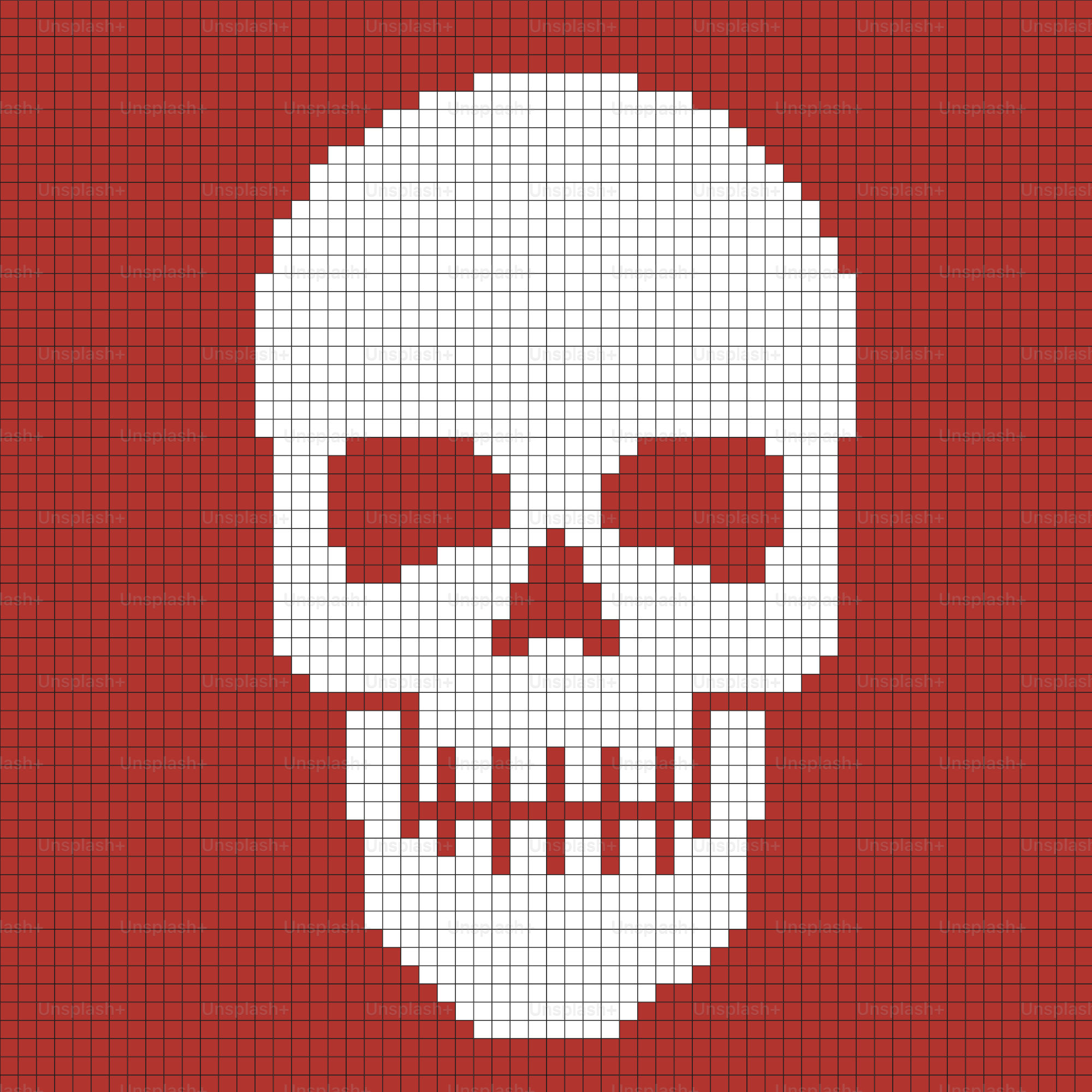 Pixelated white skull on a red background