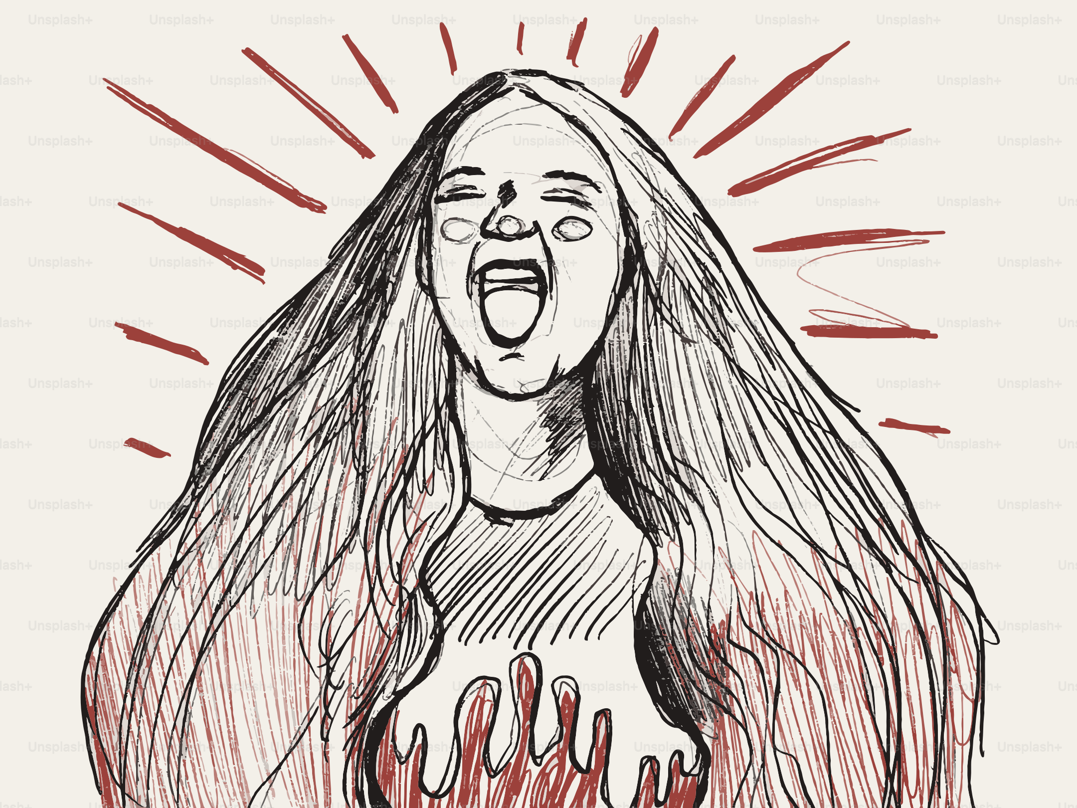 Woman with long hair screaming with fire in chest