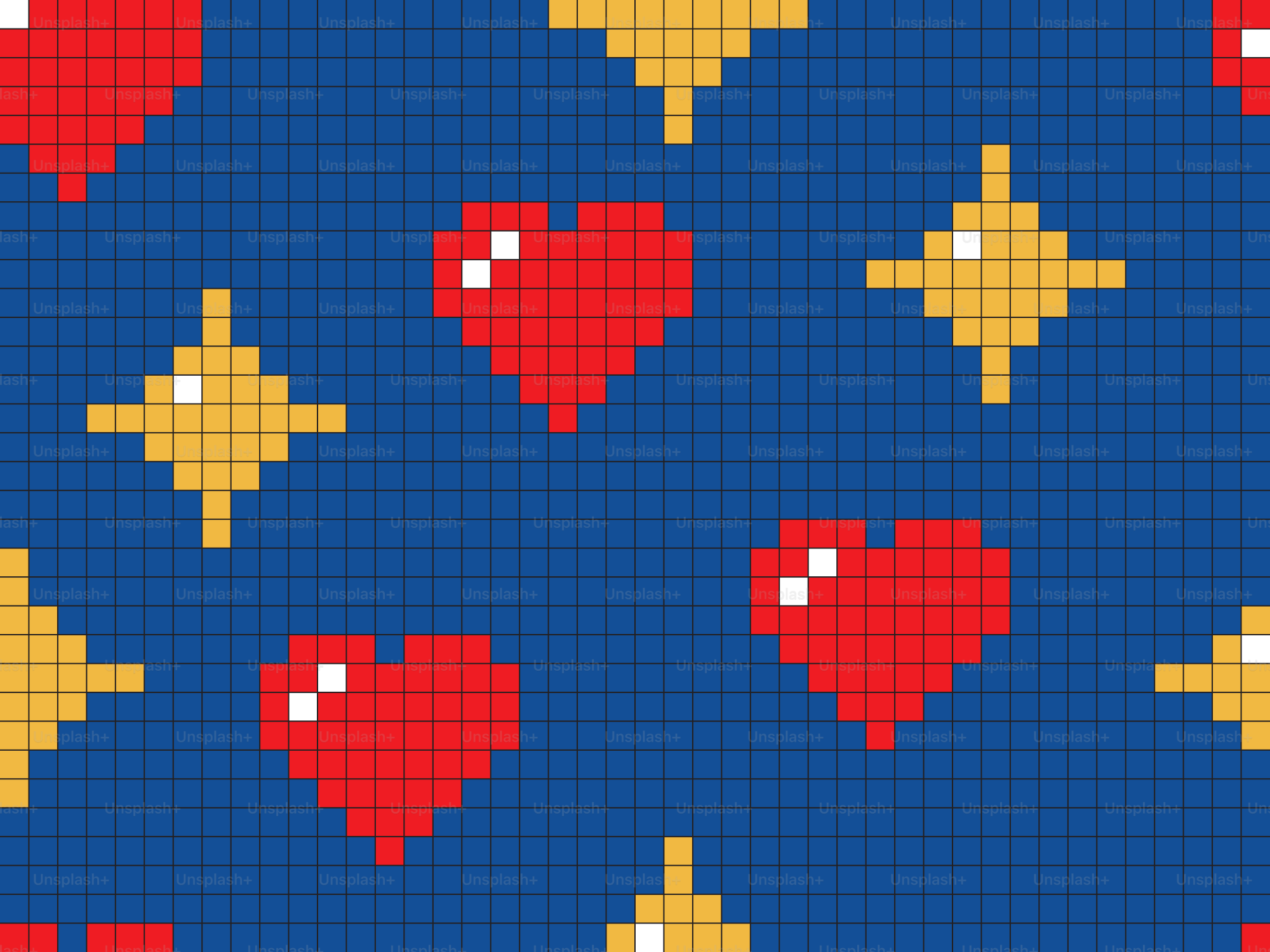 Pixelated red hearts and yellow stars on blue background