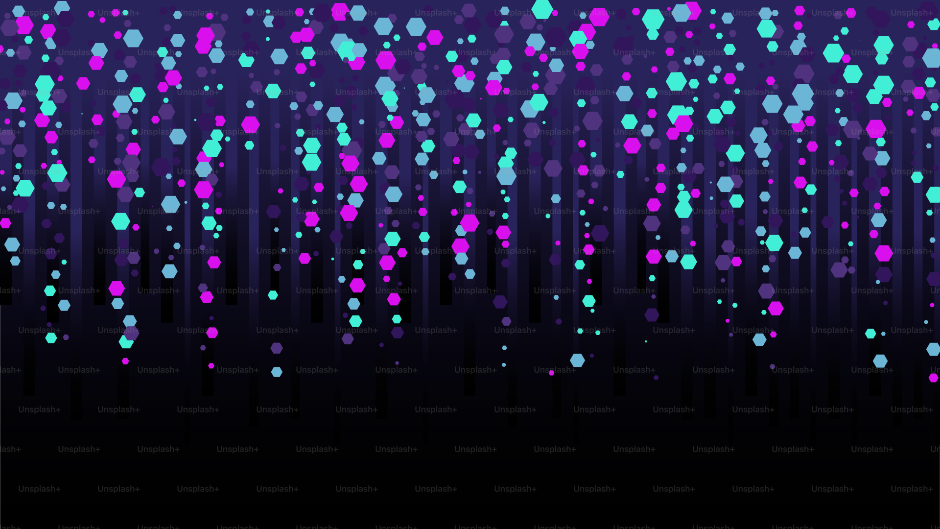 Falling purple and teal bokeh lights on dark background