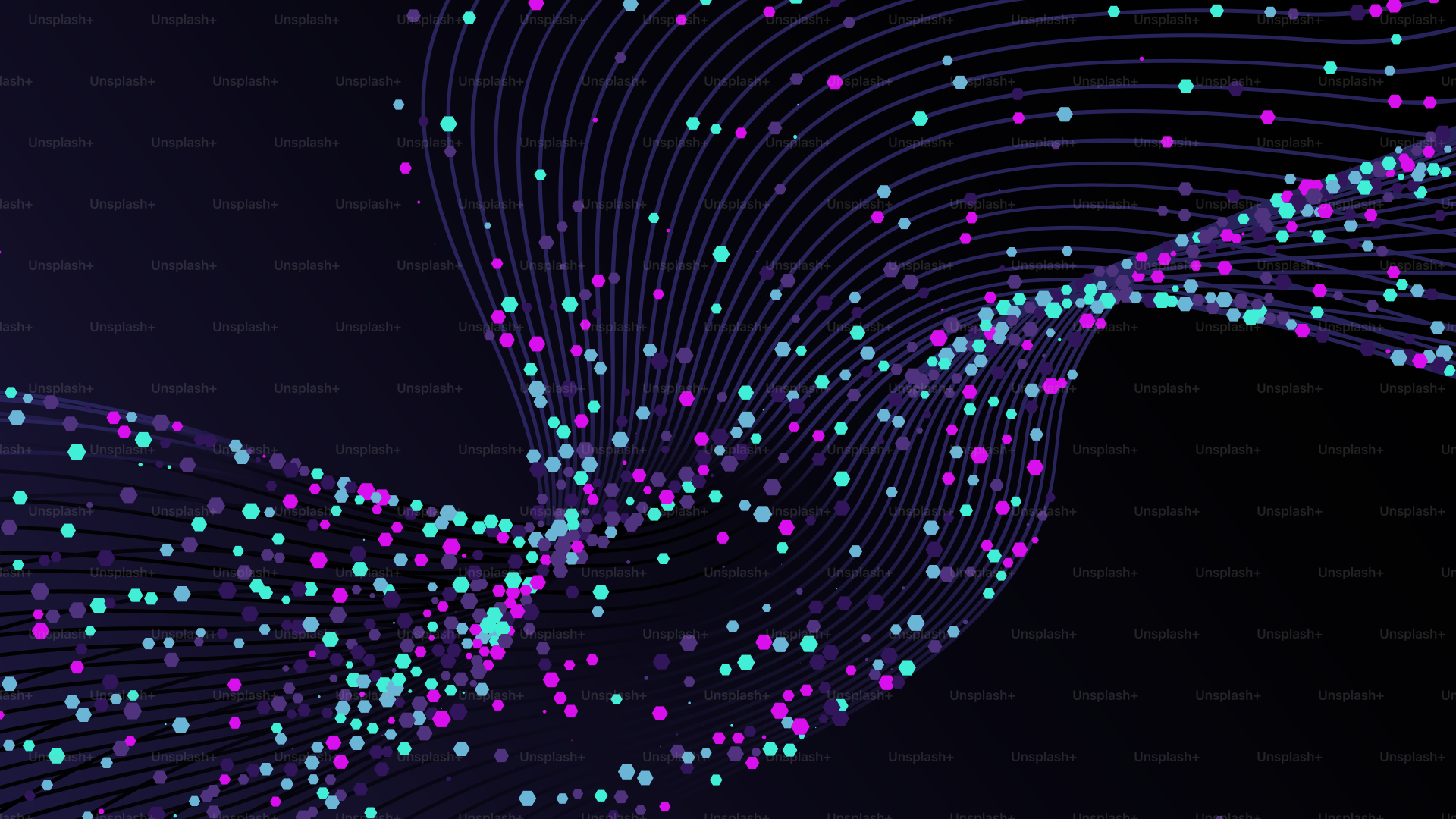 Abstract wave of glowing particles on dark background