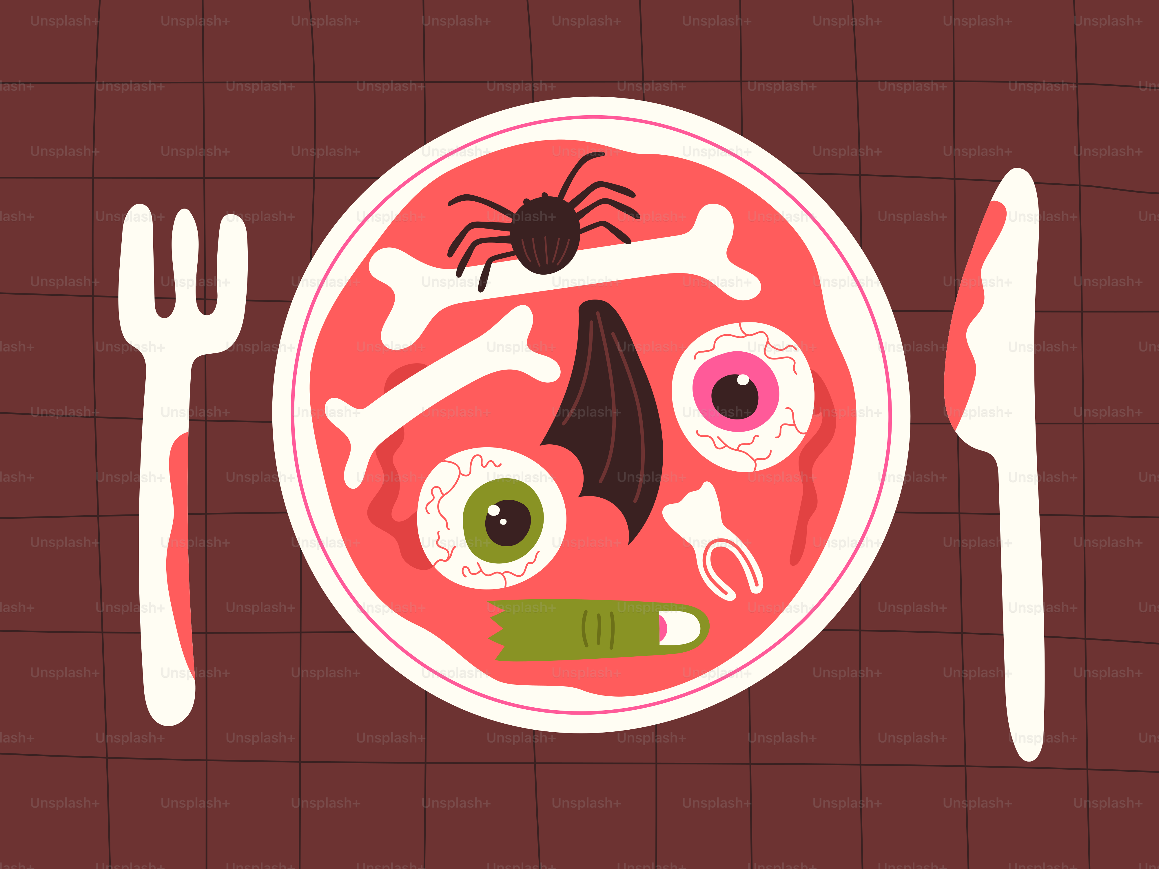 Halloween themed food on a plate with cutlery