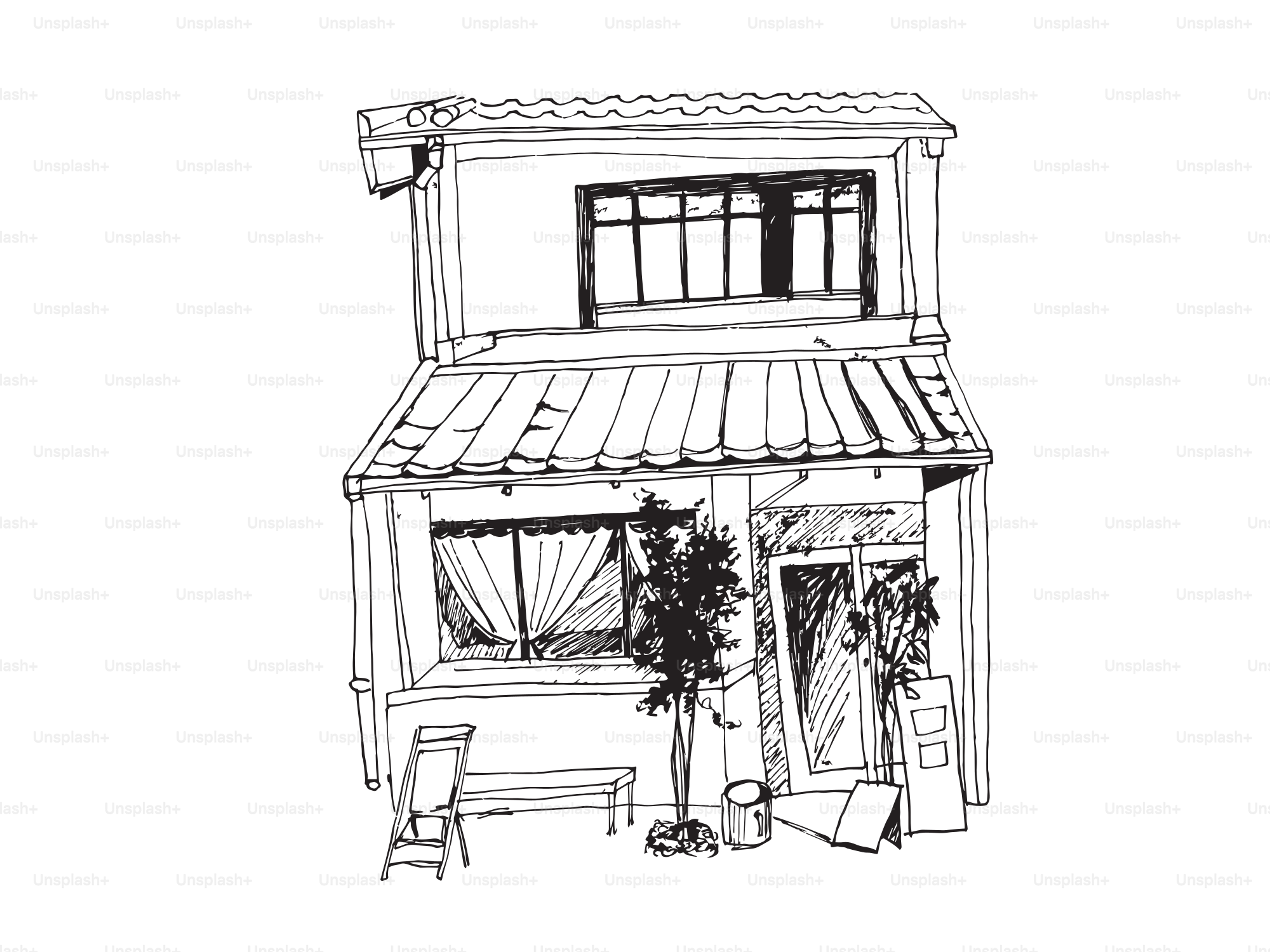 Boceto de un edificio de dos plantas con toldo y entrada.