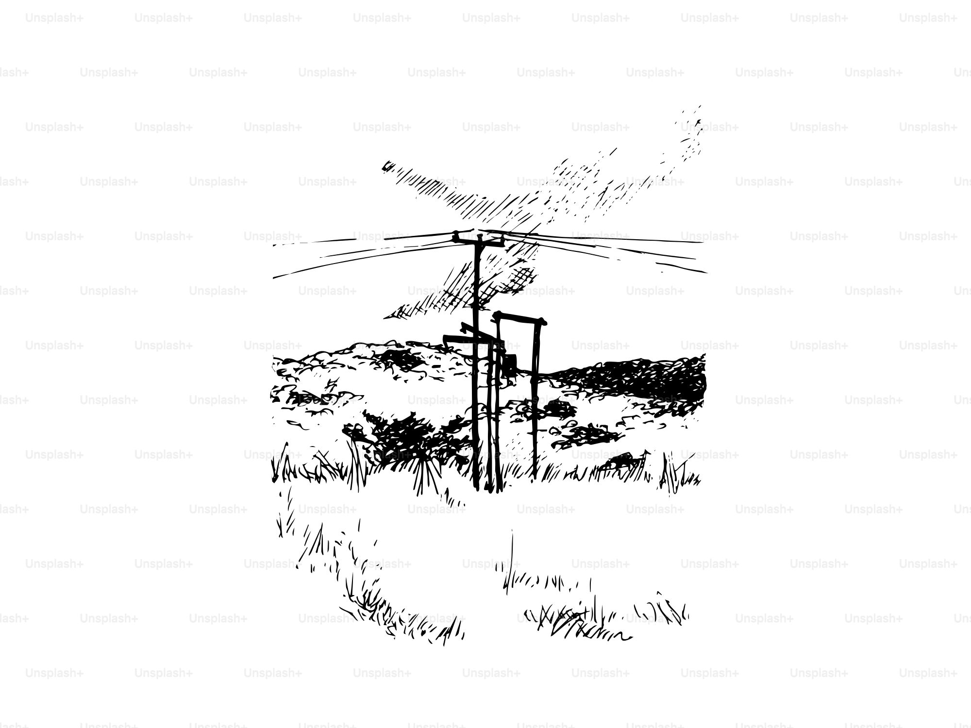 Postes telefónicos en un paisaje cubierto de hierba y colinas