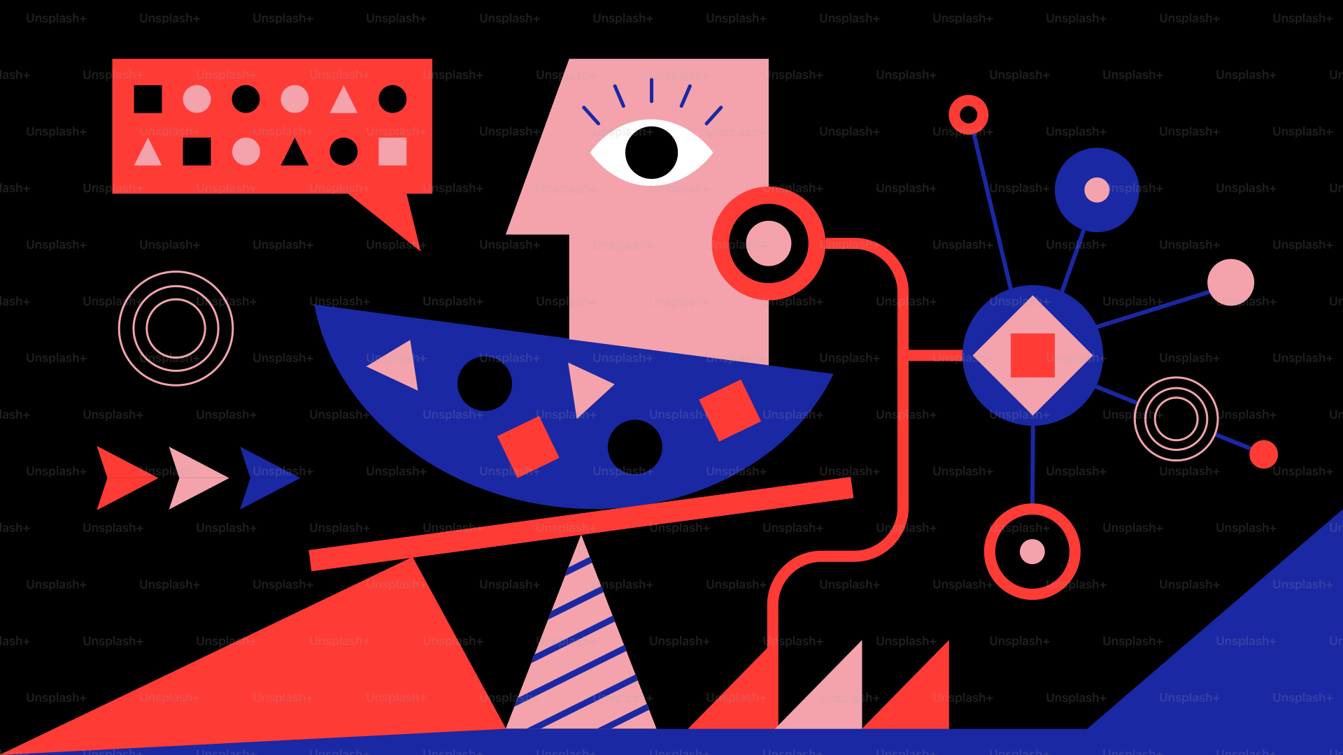 Abstrakte Illustration eines stilisierten Kopfes mit geometrischen Formen.