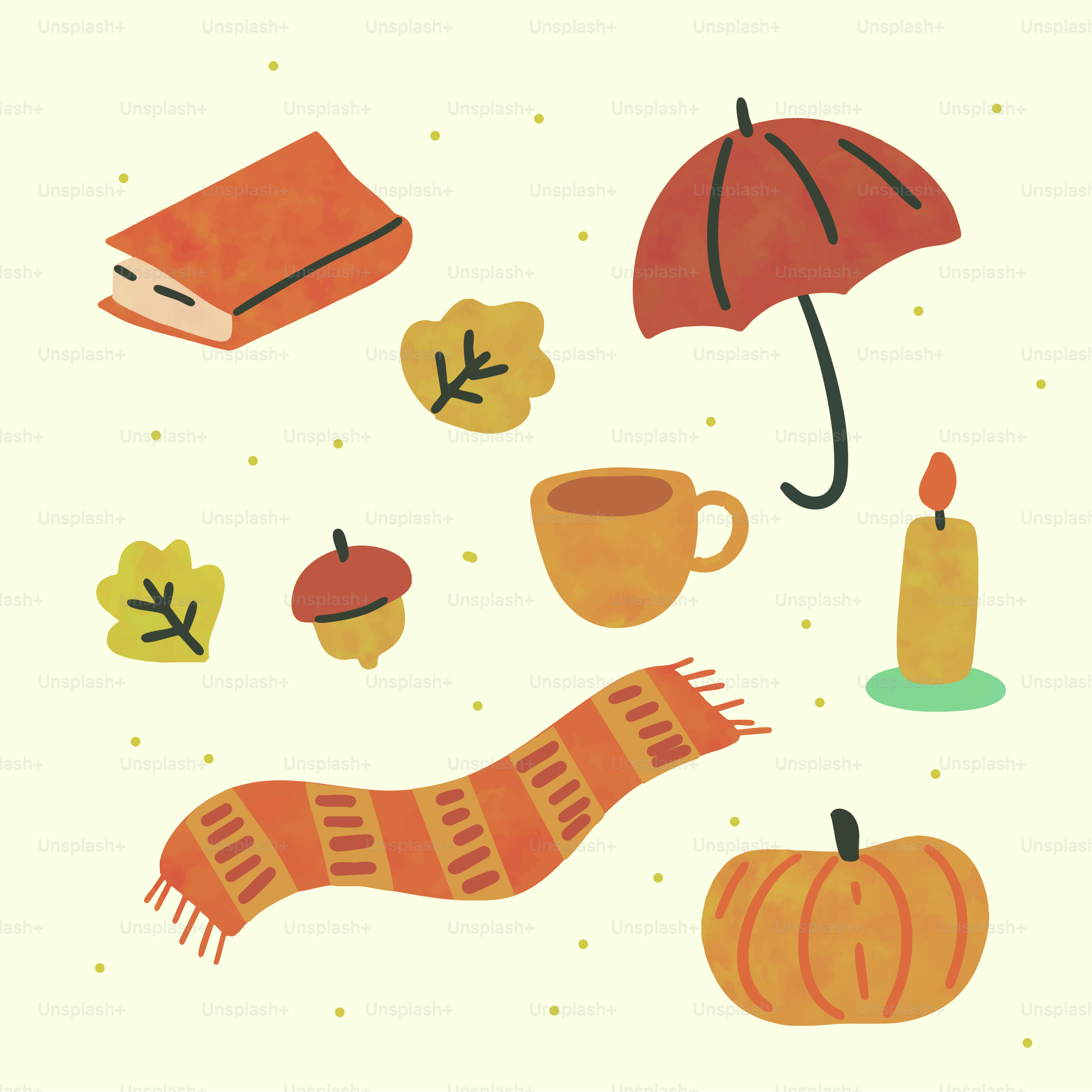 Elementos otoñales como un libro, una bufanda y una calabaza.