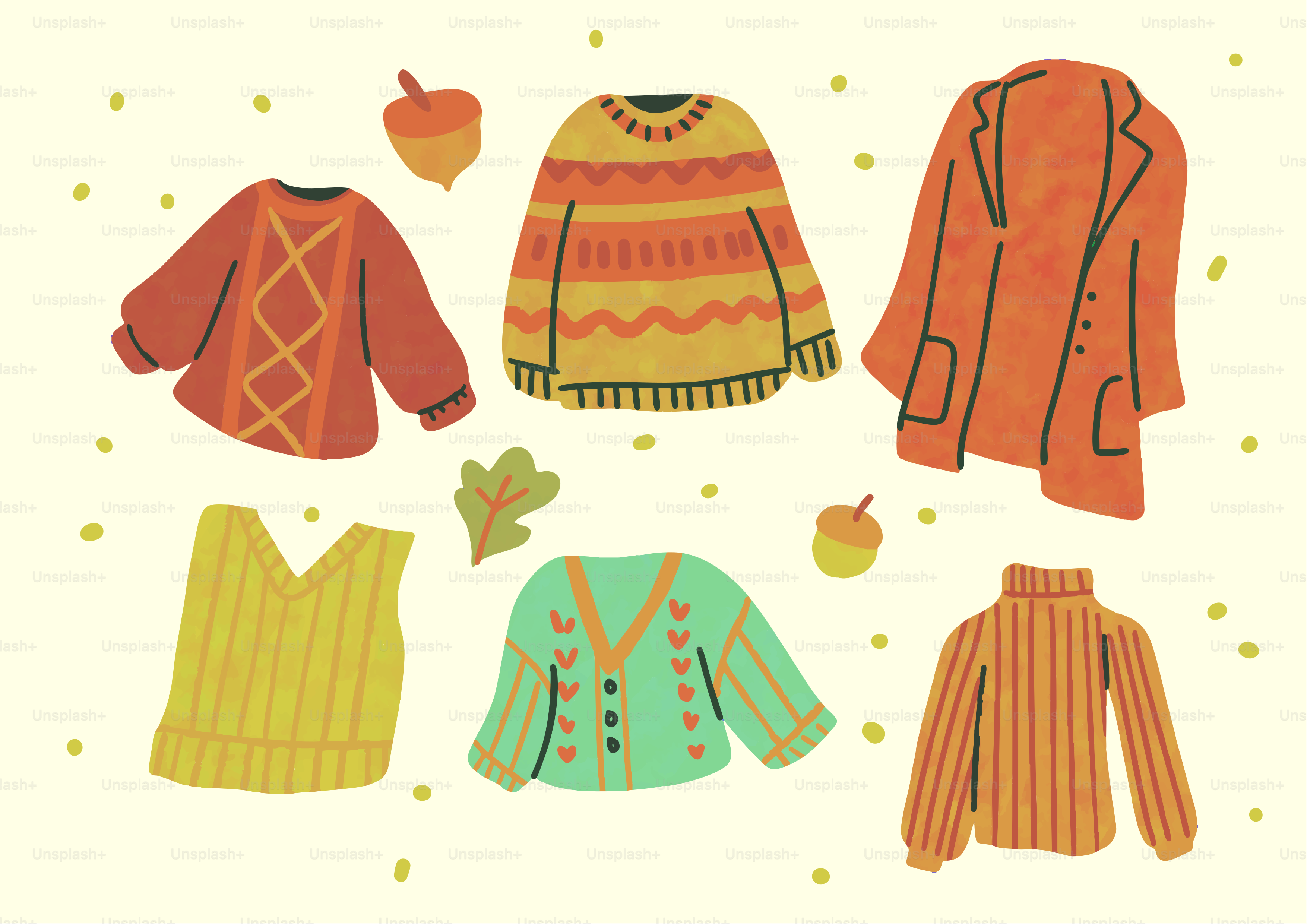 明るい背景に秋のセーターと葉が描かれています