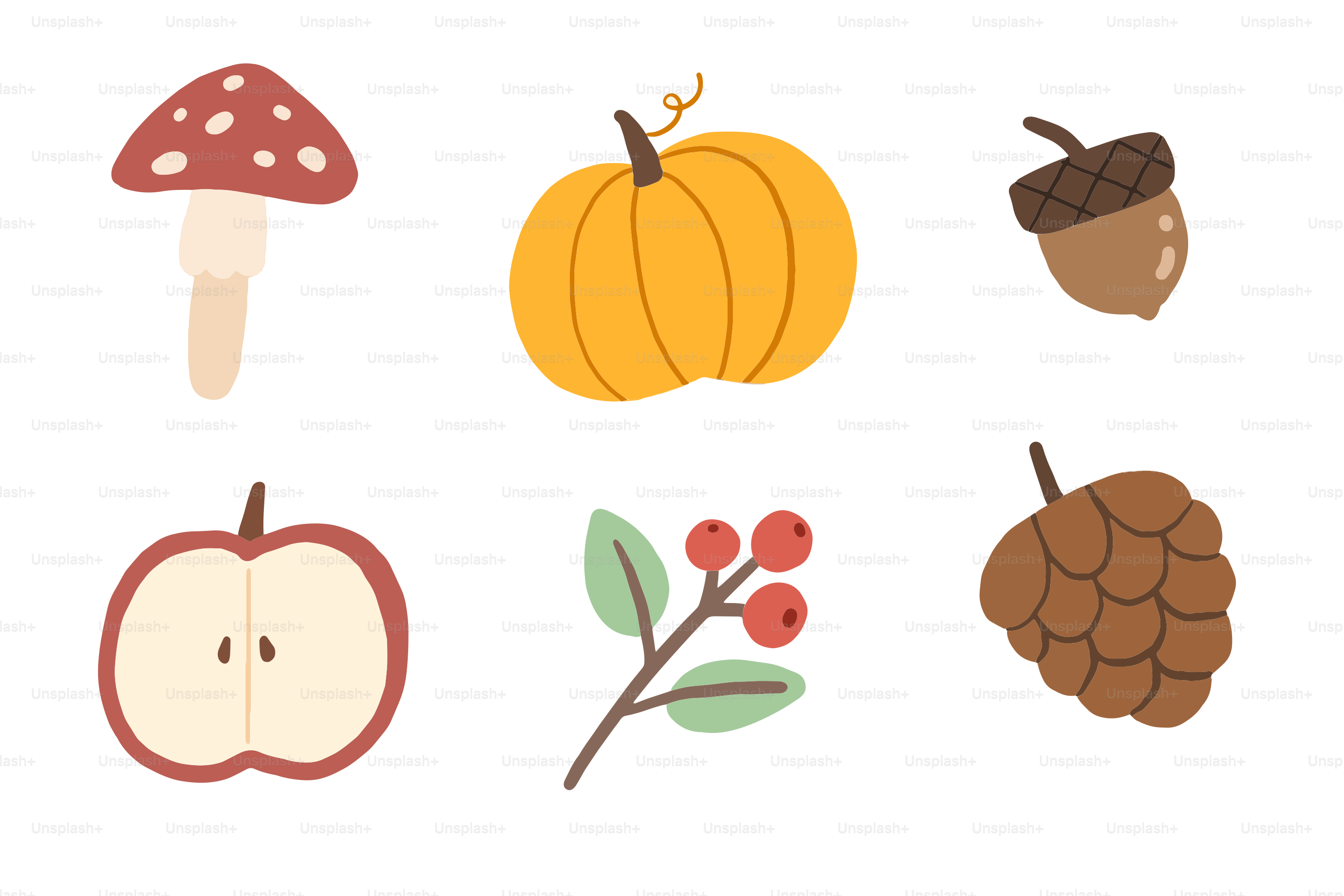 Autumn harvest icons: mushroom, pumpkin, acorn, apple, berries, pinecone
