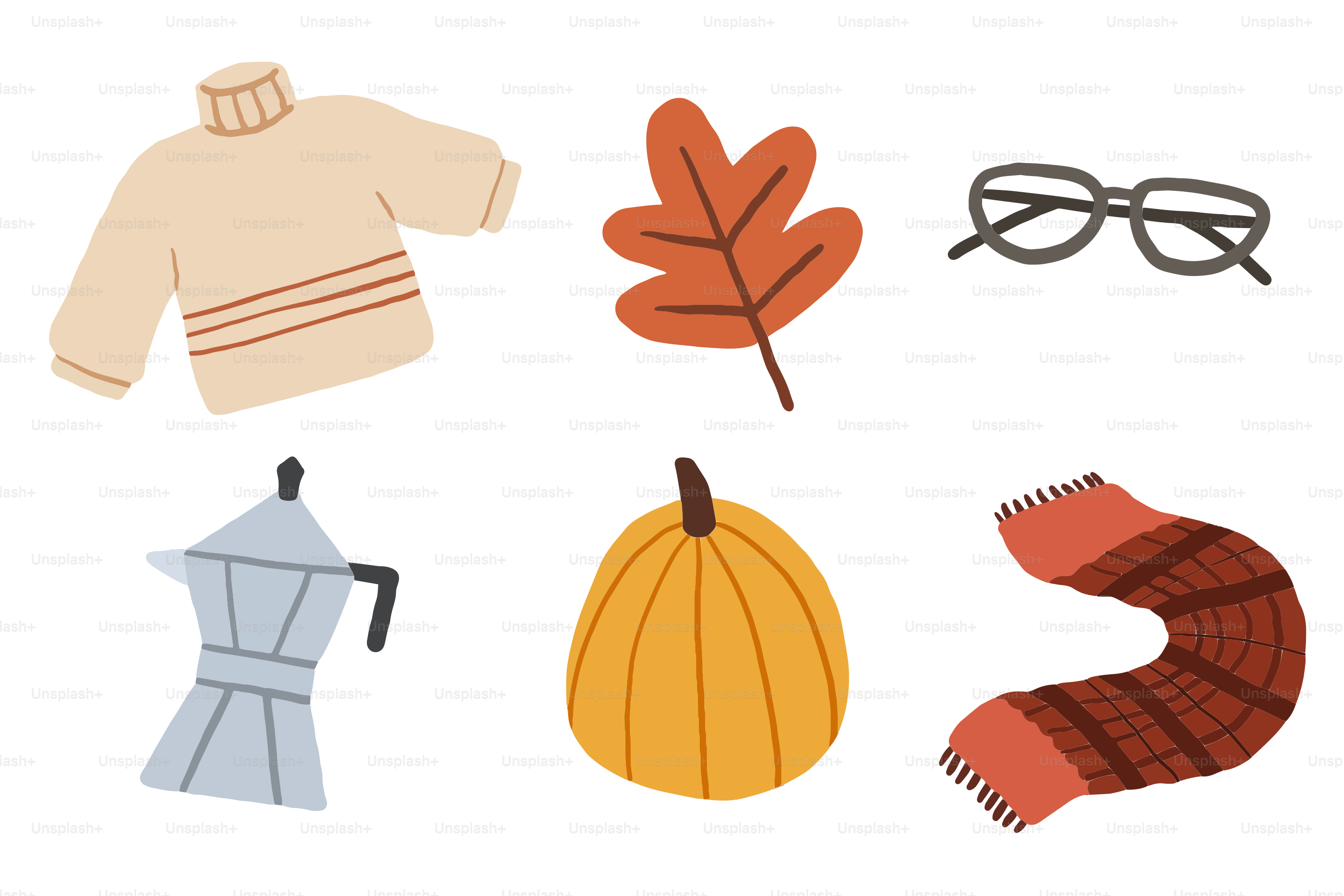 Autumn elements: sweater, leaf, glasses, coffee maker, pumpkin, scarf