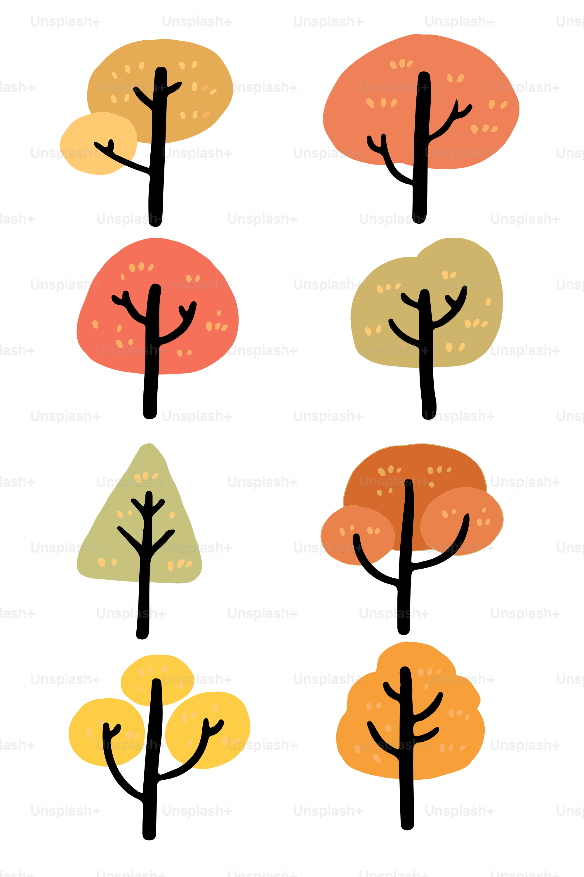 Otto alberi autunnali stilizzati con fogliame colorato.