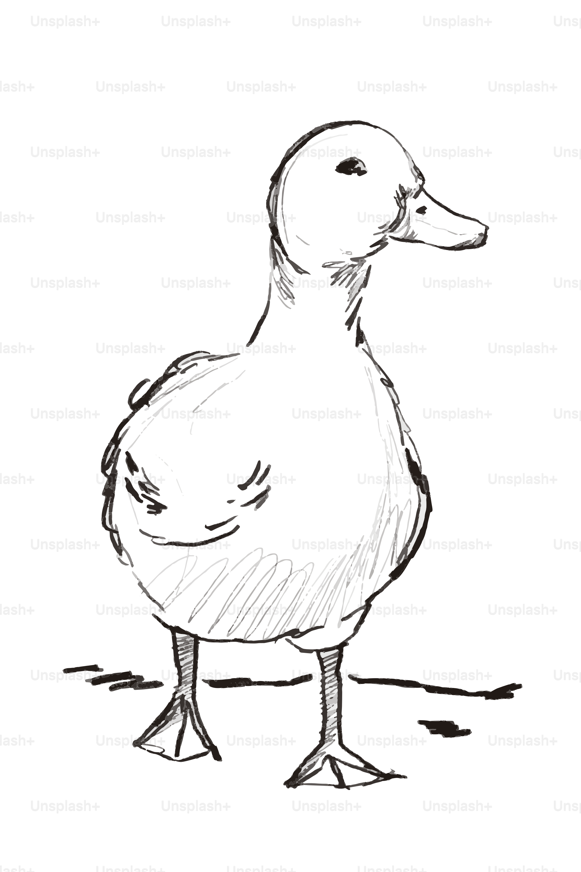 A sketch of a duck standing on the ground.