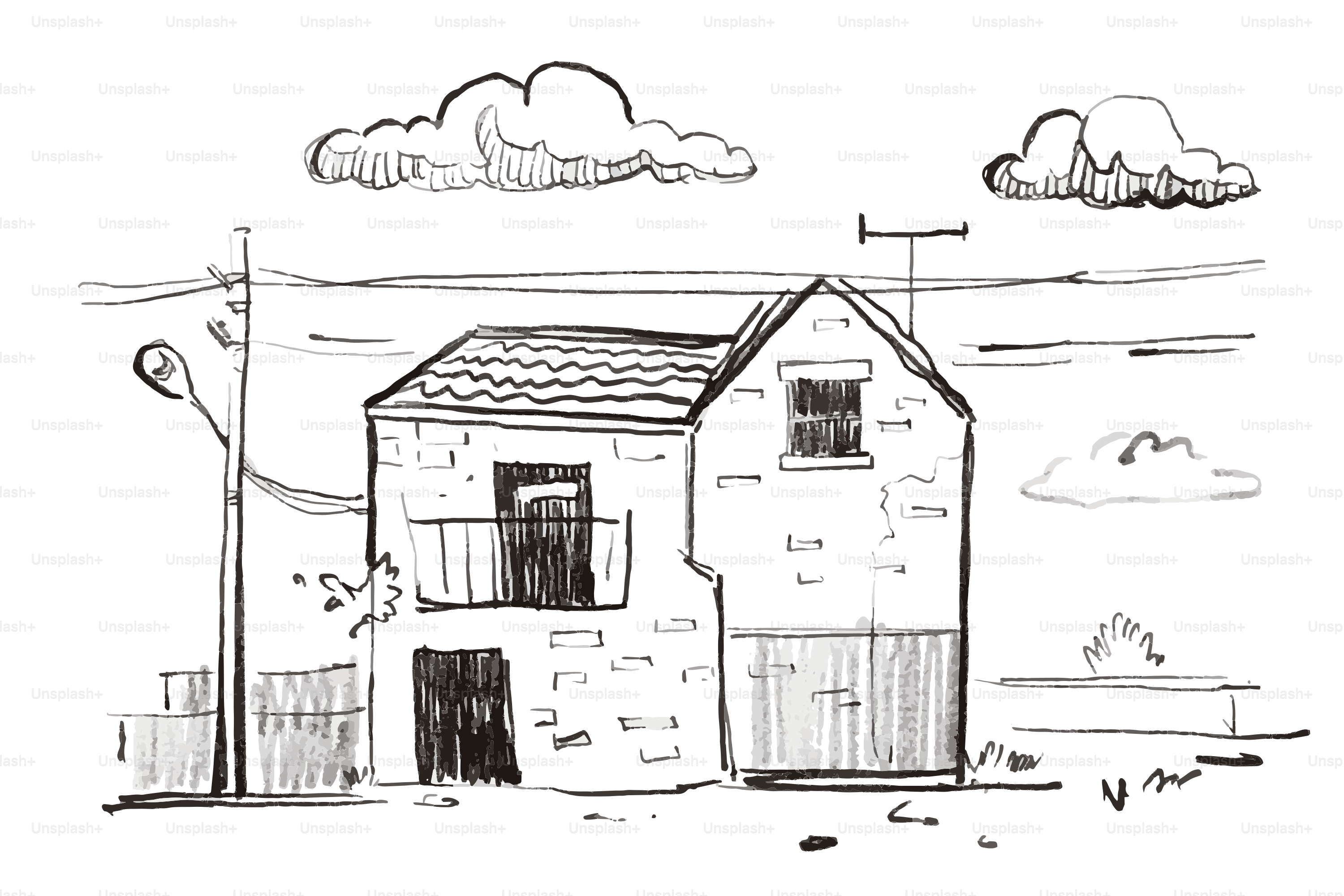 Sketch of a two-story house with clouds