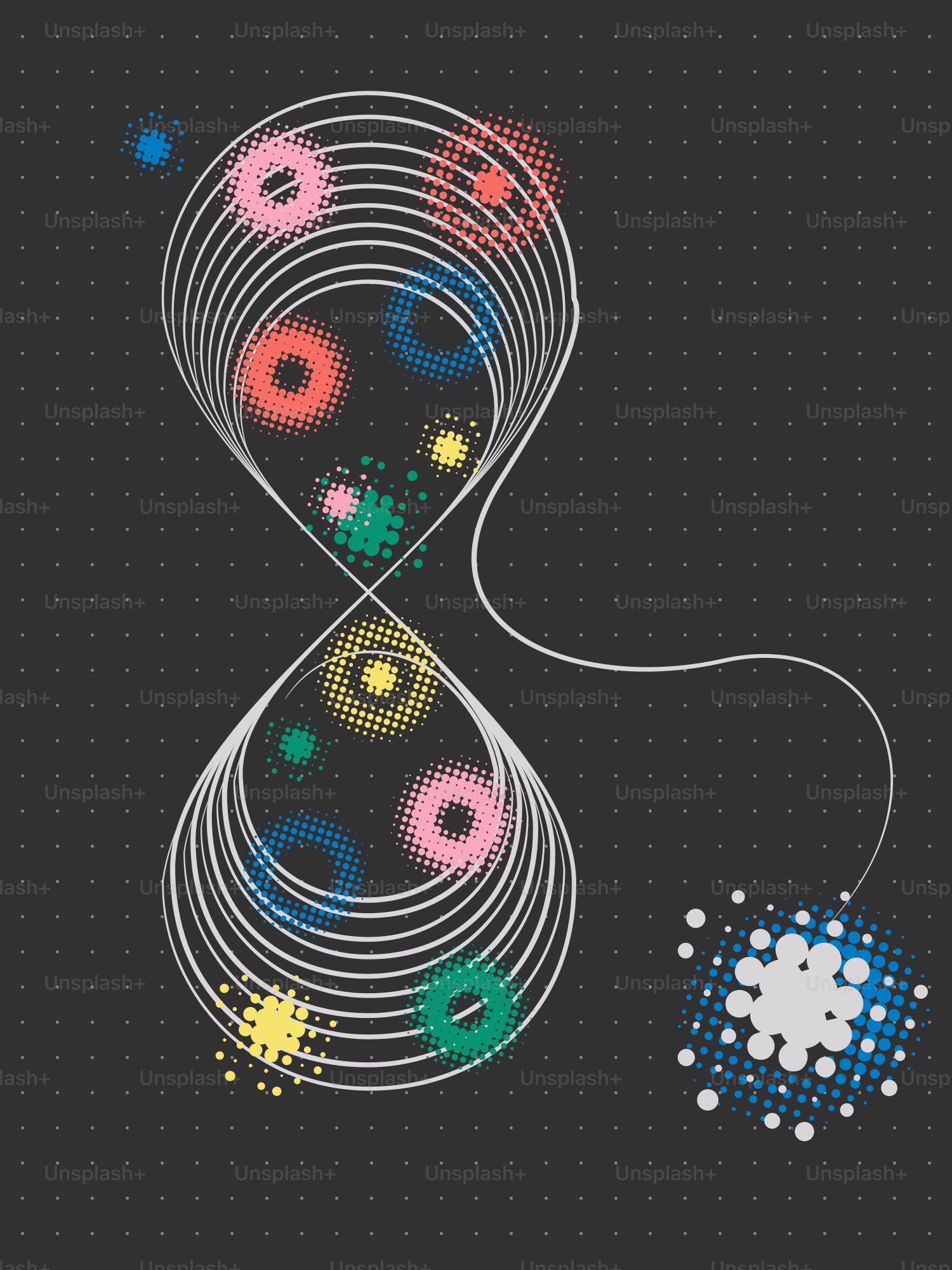 Abstract hourglass with colorful dots and connected element