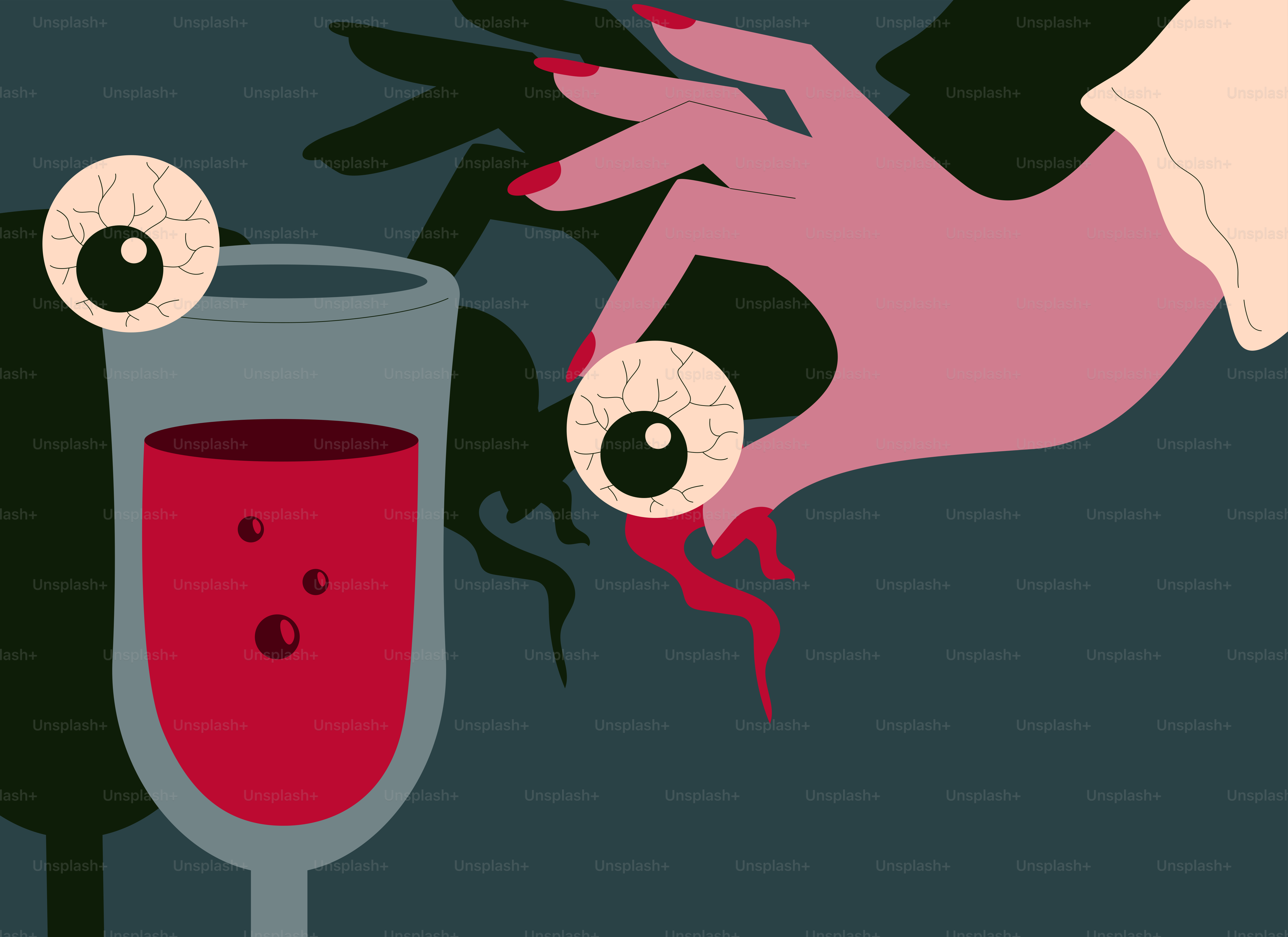 La main laissant tomber ses globes oculaires dans un verre de liquide rouge