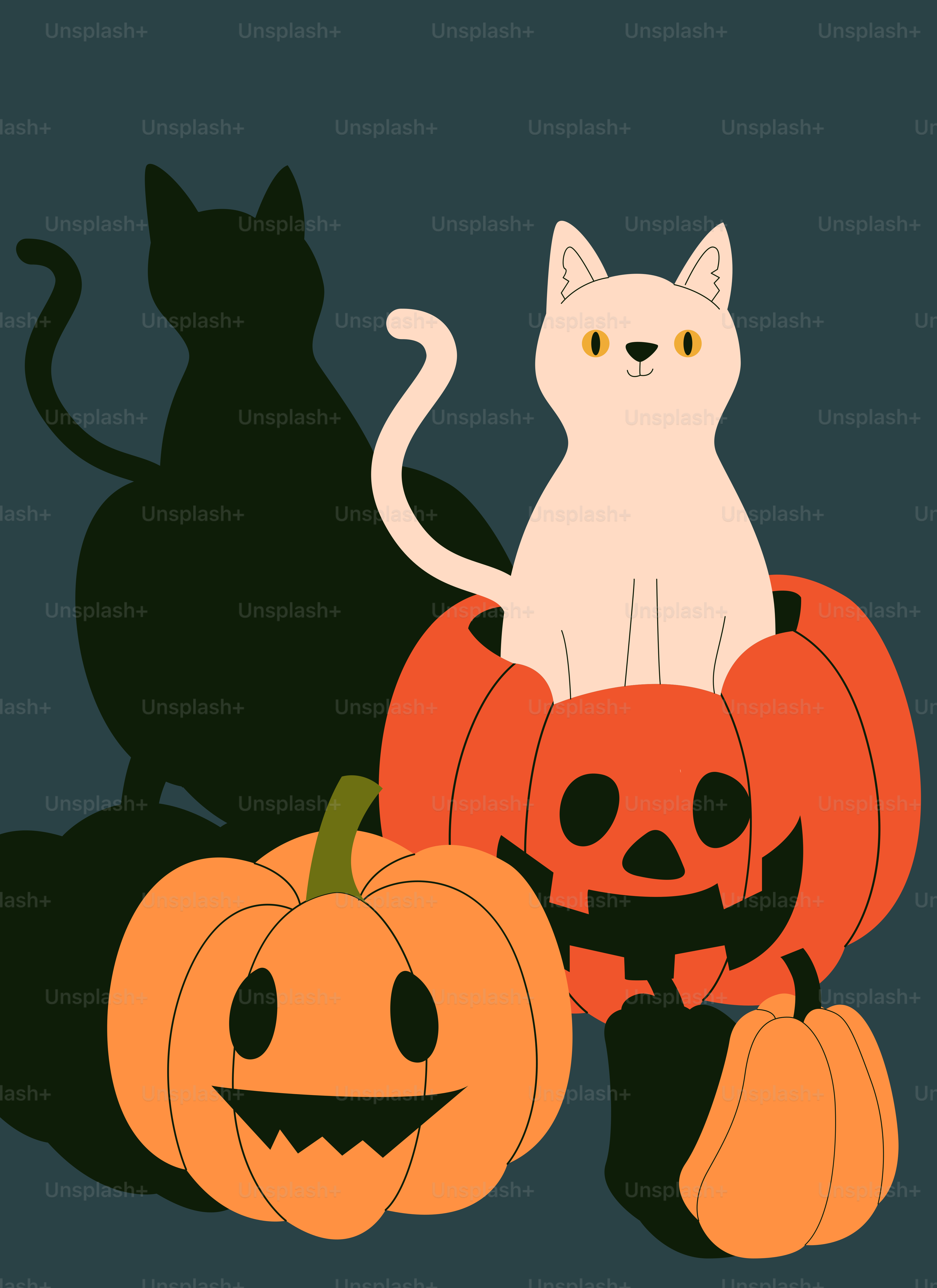 Chat blanc dans une citrouille sculptée avec d’autres citrouilles