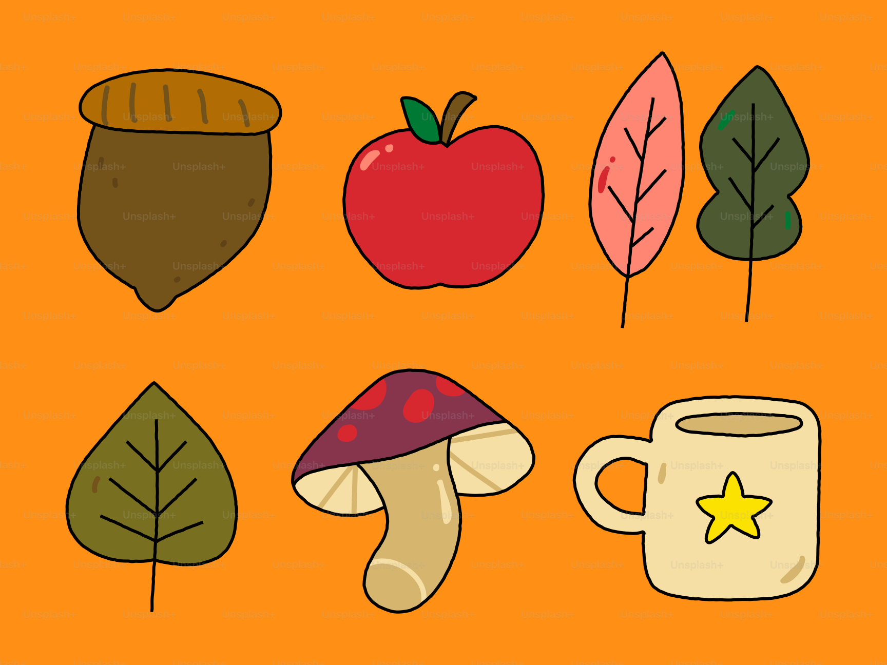 Elementos outonais, incluindo bolota, maçã, folhas, cogumelo e caneca.