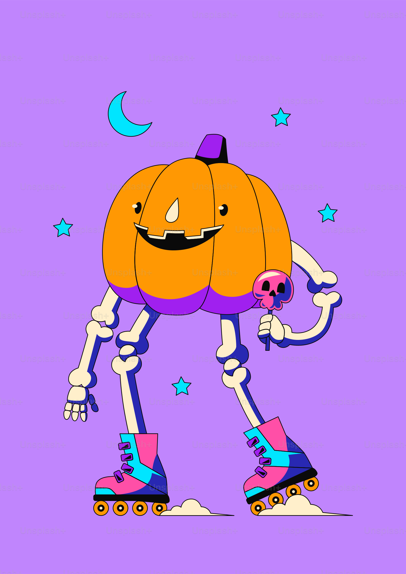 Uno scheletro di zucca dei cartoni animati sui pattini a rotelle che tiene un lecca-lecca