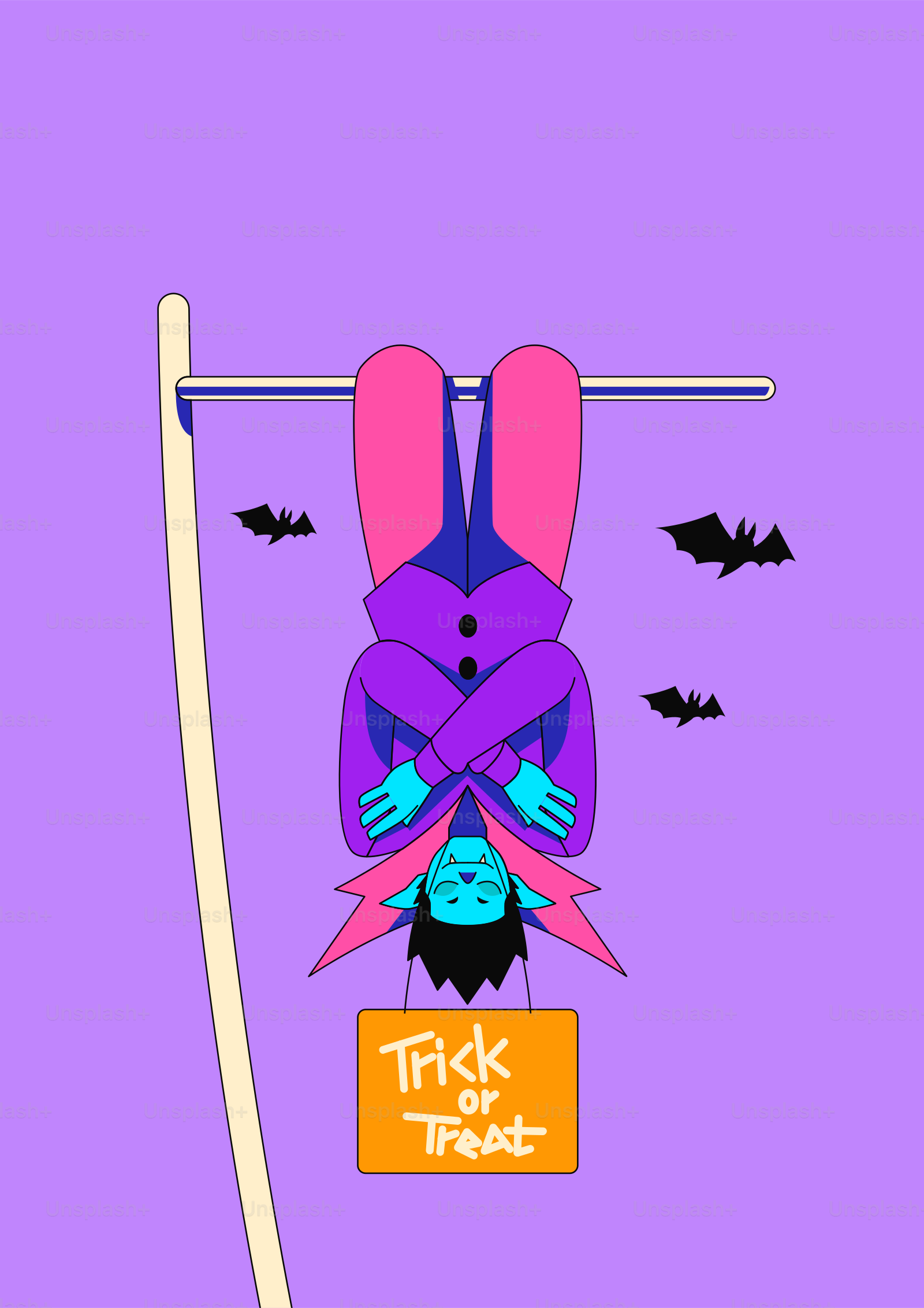 Vampiro appeso a testa in giù con cartello dolcetto o scherzetto