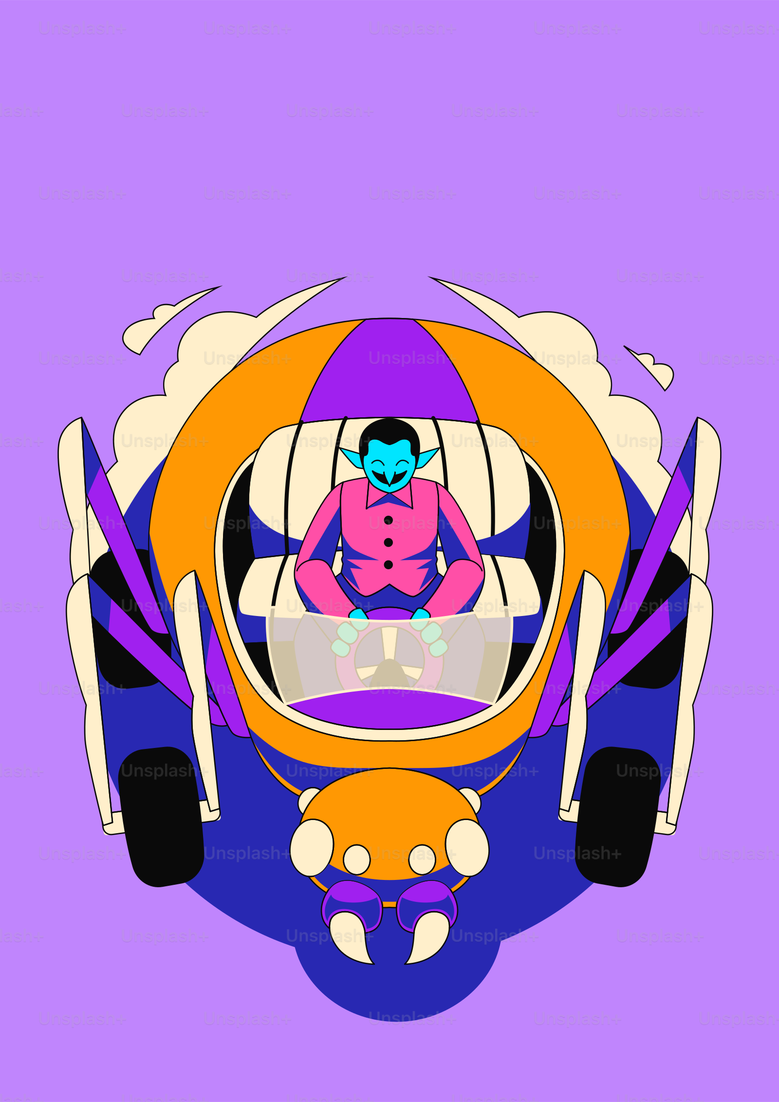 A stylized vampire drives a futuristic car.