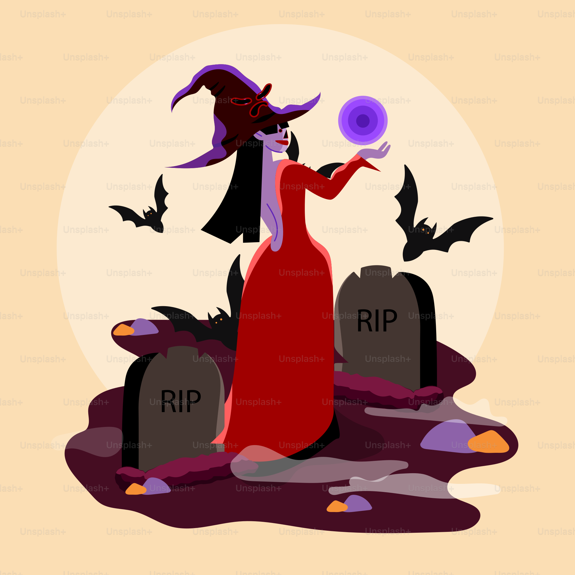 Strega con sfera di cristallo nel cimitero con cimitero e pipistrelli